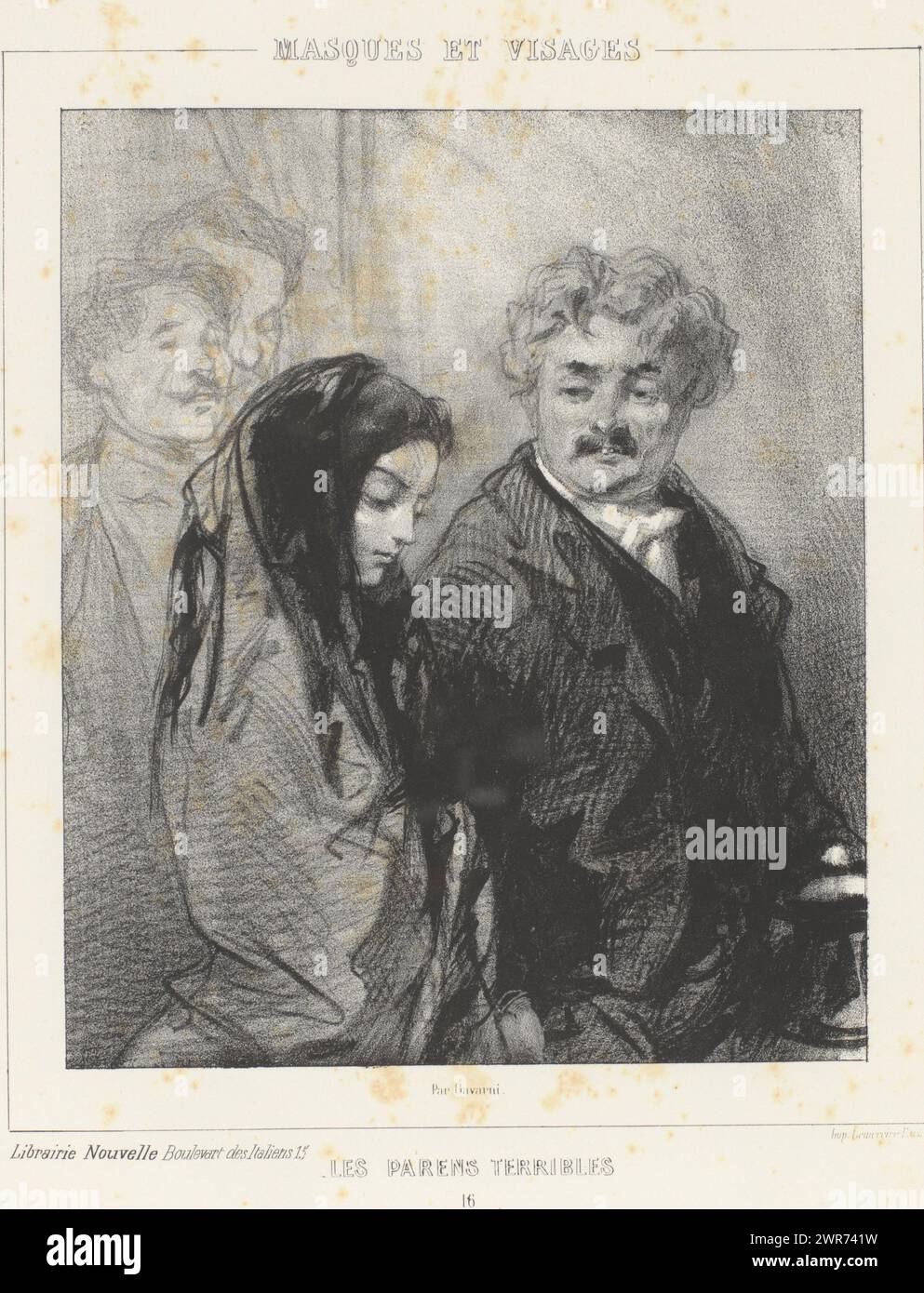 Padre lascia il ballo con sua figlia, Qu'est-ce que t'as, Mimie? (...) (Titolo su oggetto), Terrible Parents (titolo della serie), Masques et Visages. Les Parents Terribles (titolo della serie sull'oggetto), Print is part of an album., print maker: Paul Gavarni, printer: Joseph Rose Lemercier, publisher: Librairie Nouvelle, Paris, 1853, paper, altezza 379 mm x larghezza 277 mm, stampa Foto Stock
