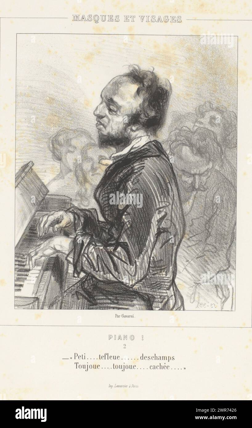 Il pianista canta si esibisce, Peti... tefleue... deschamps (...) (Titolo su oggetto), piano play (titolo della serie), Masques et Visages. Piano! (Titolo della serie su oggetto), questa stampa fa parte di un album., stampatore: Paul Gavarni, stampatore: Joseph Rose Lemercier, editore: Librairie Nouvelle, Parigi, 1853, carta, altezza 378 mm x larghezza 275 mm, stampa Foto Stock