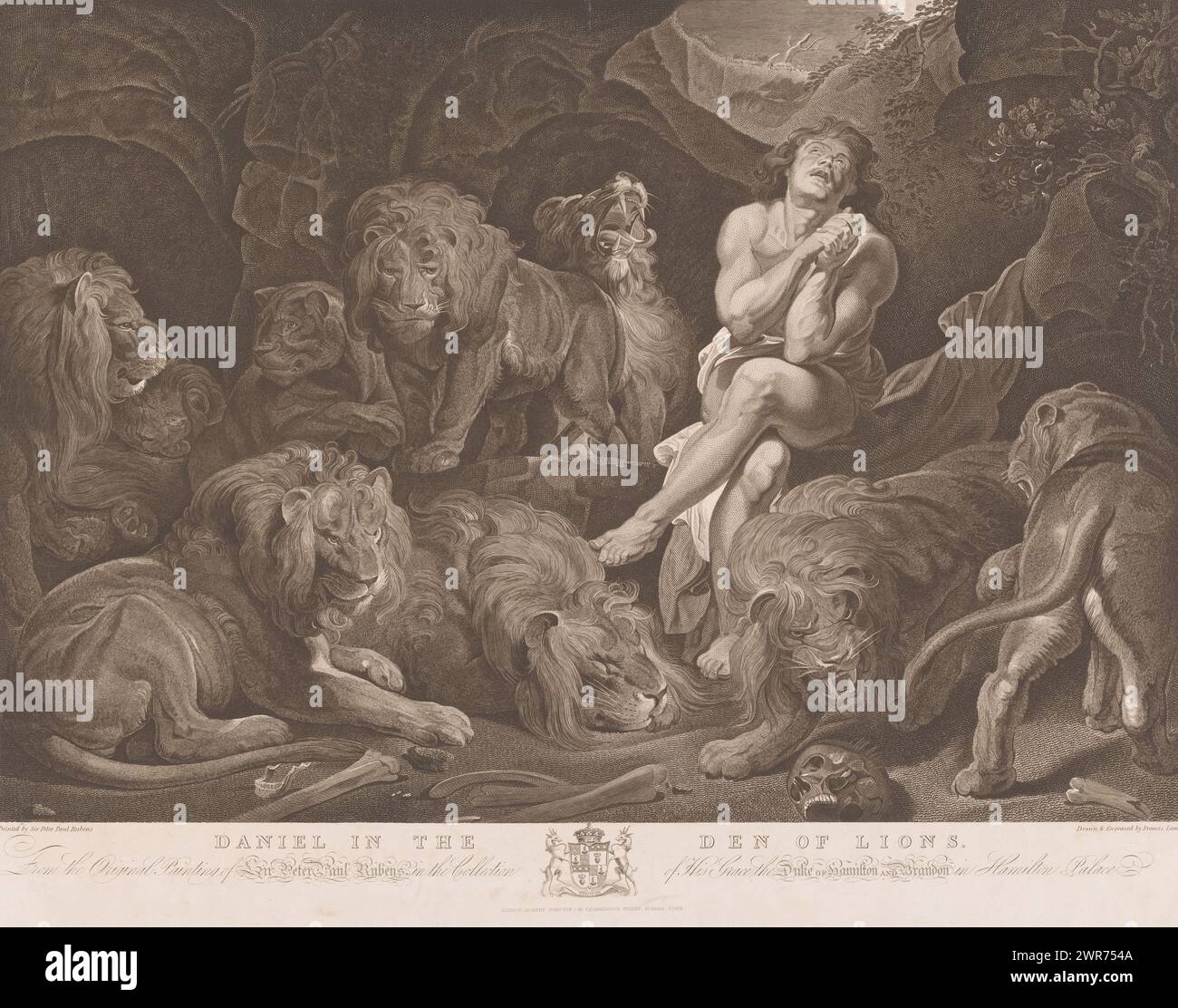 Daniel in the Lion's den, Daniel in the Lions' den (titolo sull'oggetto), tipografo: Francis Lamb, dopo aver dipinto di: Peter Paul Rubens, editore: Robert Simpson, Londra, 1785 - 1848, paper, incisione, incisione, altezza 520 mm x larghezza 665 mm, stampa Foto Stock