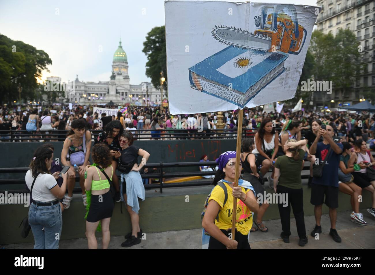 Buenos Aires, Argentina. 8 marzo 2024. Una donna che partecipa al raduno della giornata internazionale della donna regge un disegno della motosega che rappresenta il presidente ultraliberale, pericolosamente vicino a una costituzione argentina. Credito: Igor Wagner/dpa/Alamy Live News Foto Stock