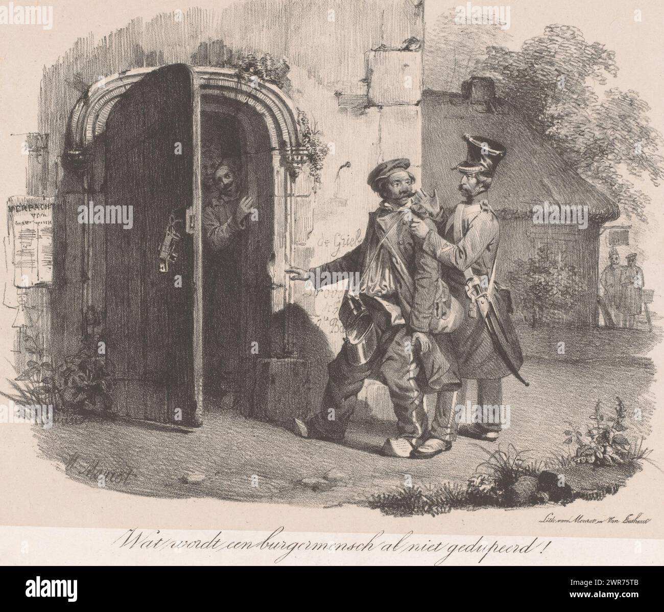 Provoost arresta il soldato, De Provoost (titolo sull'oggetto), Un ufficiale di alto rango arresta un soldato dall'aspetto sciocco in zoccoli. Lo guida verso una torre dove due figure si trovano all'ingresso. Sotto l'immagine c'è il sospiro del soldato: "Quanti civili vengono ingannati!". Numerato in alto a destra: N. 2., stampatore: Michel Mourot, su disegno di: Michel Mourot, stampatore: Mourot & Van Lieshout, Den Bosch, 1835 - 1838, carta, altezza 310 mm x larghezza 432 mm, stampa Foto Stock