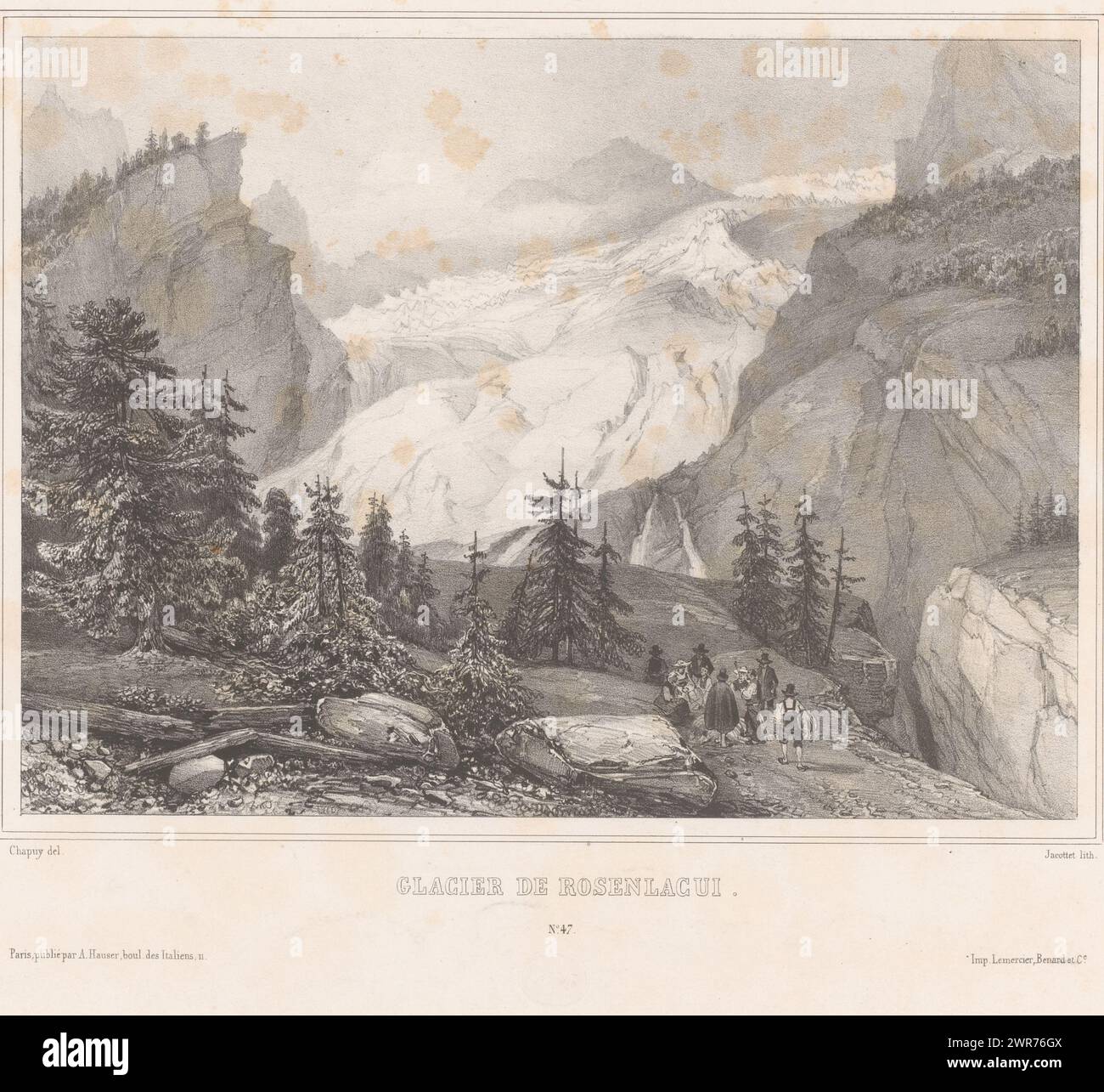 Veduta del Ghiacciaio Rosenlaui, Glacier de Rosenlaui (titolo sull'oggetto), stampatore: Louis-Julien Jacottet, dopo disegno di: Nicolas Marie Joseph Chapuy, stampatore: Benard Lemercier & Cie, Parigi, 1836 - 1840, carta, altezza 307 mm x larghezza 444 mm, stampa Foto Stock