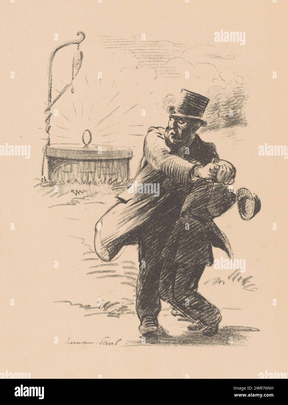 Uomo in cappello copre gli occhi di un altro uomo, stampatore: Georges Hermann Rene Paul, 1899, carta, altezza 403 mm x larghezza 288 mm, stampa Foto Stock