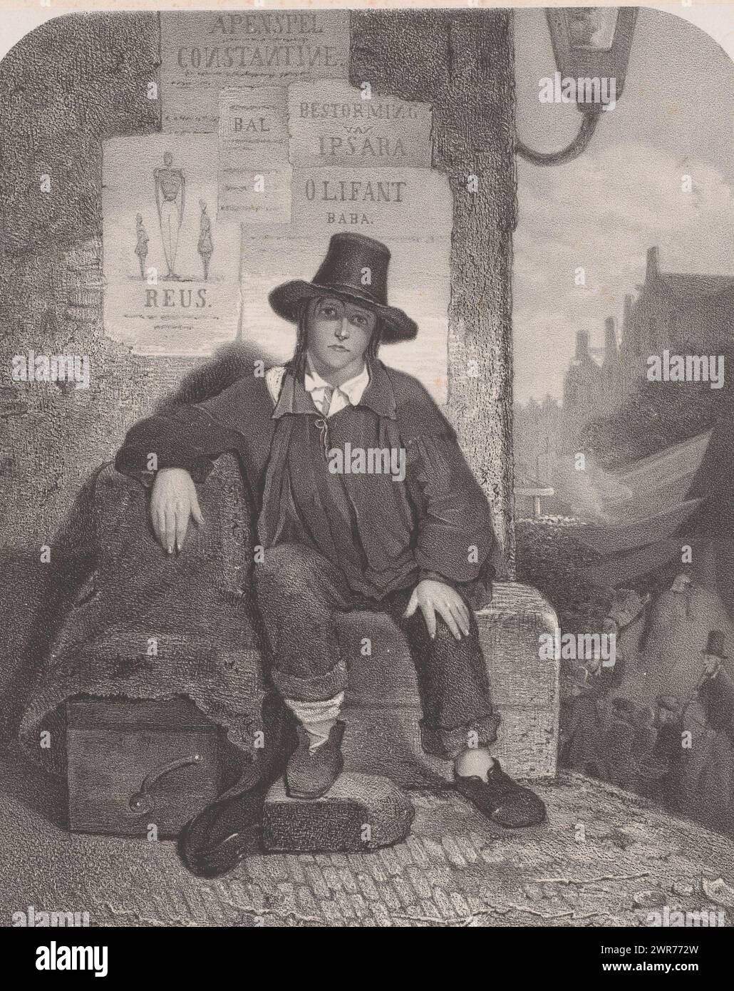 Ragazzo italiano accanto al suo organo. Ha coperto l'organo con un panno. Ci sono dei poster sul muro dietro di lui. Alla sua destra si sta svolgendo una festa o una fiera., stampatore: Abraham Pieter Felix, su disegno di: Jacobus Ludovicus Cornet, stampatore: Pieter Willem Marinus Trap, Leiden, 1845 - 1900, carta, altezza 550 mm x larghezza 380 mm, stampa Foto Stock