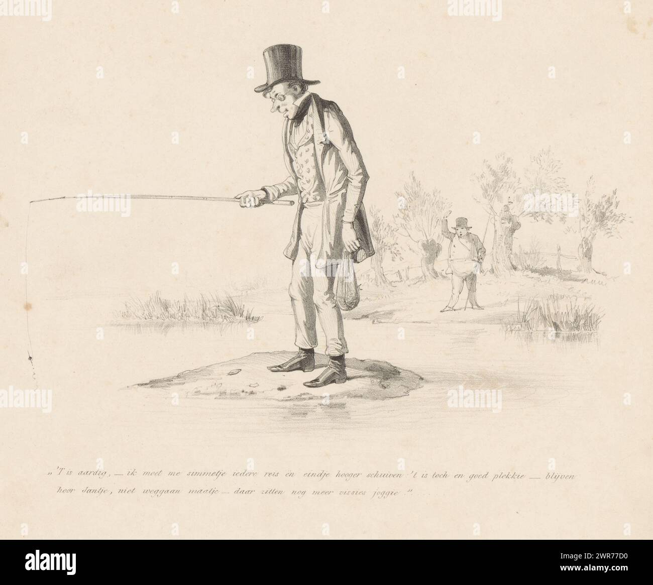Un pescatore su un'isola, Un pescatore con un cappello si trova su un'isola. Sulla riva un uomo con una canna da pesca gli ondeggia., stampatore: Alexander Ver Huell, su progetto di: Alexander Ver Huell, Paesi Bassi, 1832 - 1897, carta, altezza 231 mm x larghezza 263 mm, stampa Foto Stock