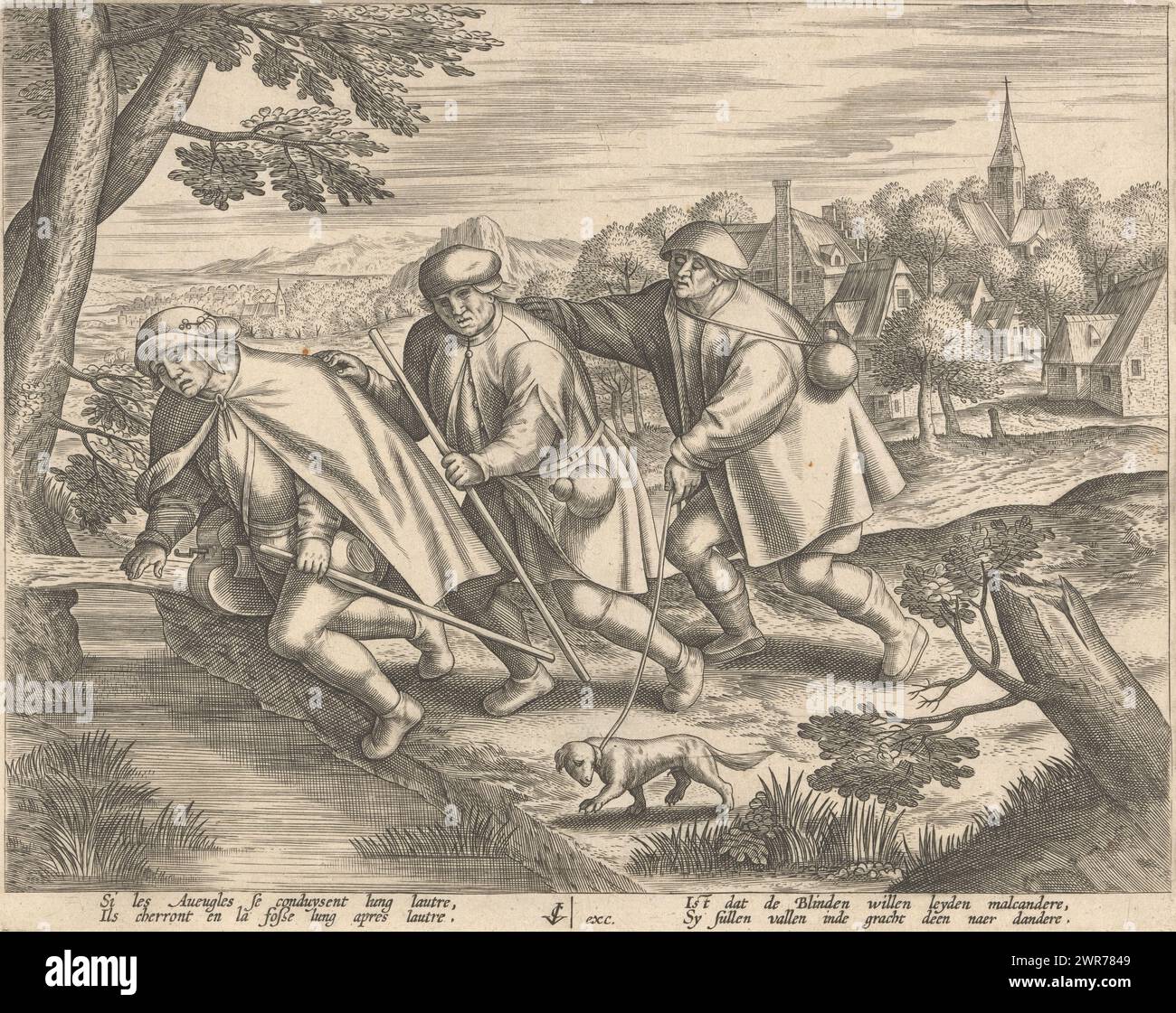 I ciechi guidano i ciechi, tre ciechi camminano l'uno dietro l'altro e si lasciano guidare da quello davanti a loro. Quella frontale cade in un fosso. Il terzo uomo tiene un cane al guinzaglio. Sotto la performance c'è un verso di due righe in francese e olandese., print maker: Anonymous, dopo il design di: Pieter Bruegel (i), (possibilmente), editore: Claes Jansz. Visscher (II), Amsterdam, 1601 - 1652, carta, incisione, altezza 182 mm x larghezza 229 mm, stampa Foto Stock