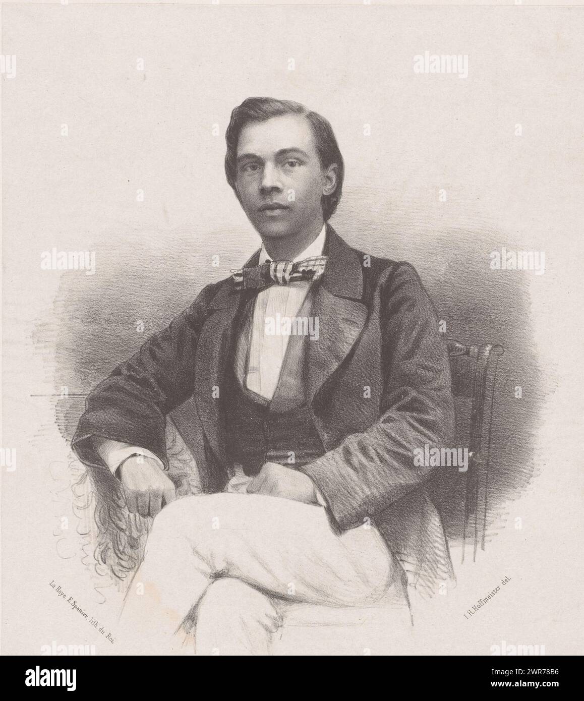Ritratto di un uomo sconosciuto con cravatta a quadri, stampatore: Johan Hendrik Hoffmeister, stampatore: Koninklijke Steendrukkerij van E. Spanier, stampatore: Paesi Bassi, stampatore: L'Aia, 1851 - c. 1883, carta, altezza 505 mm x larghezza 355 mm, stampa Foto Stock