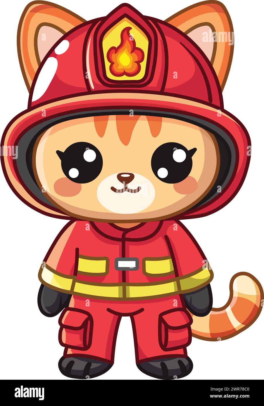 Carino gatto kawaii in uniforme da vigile del fuoco Illustrazione Vettoriale