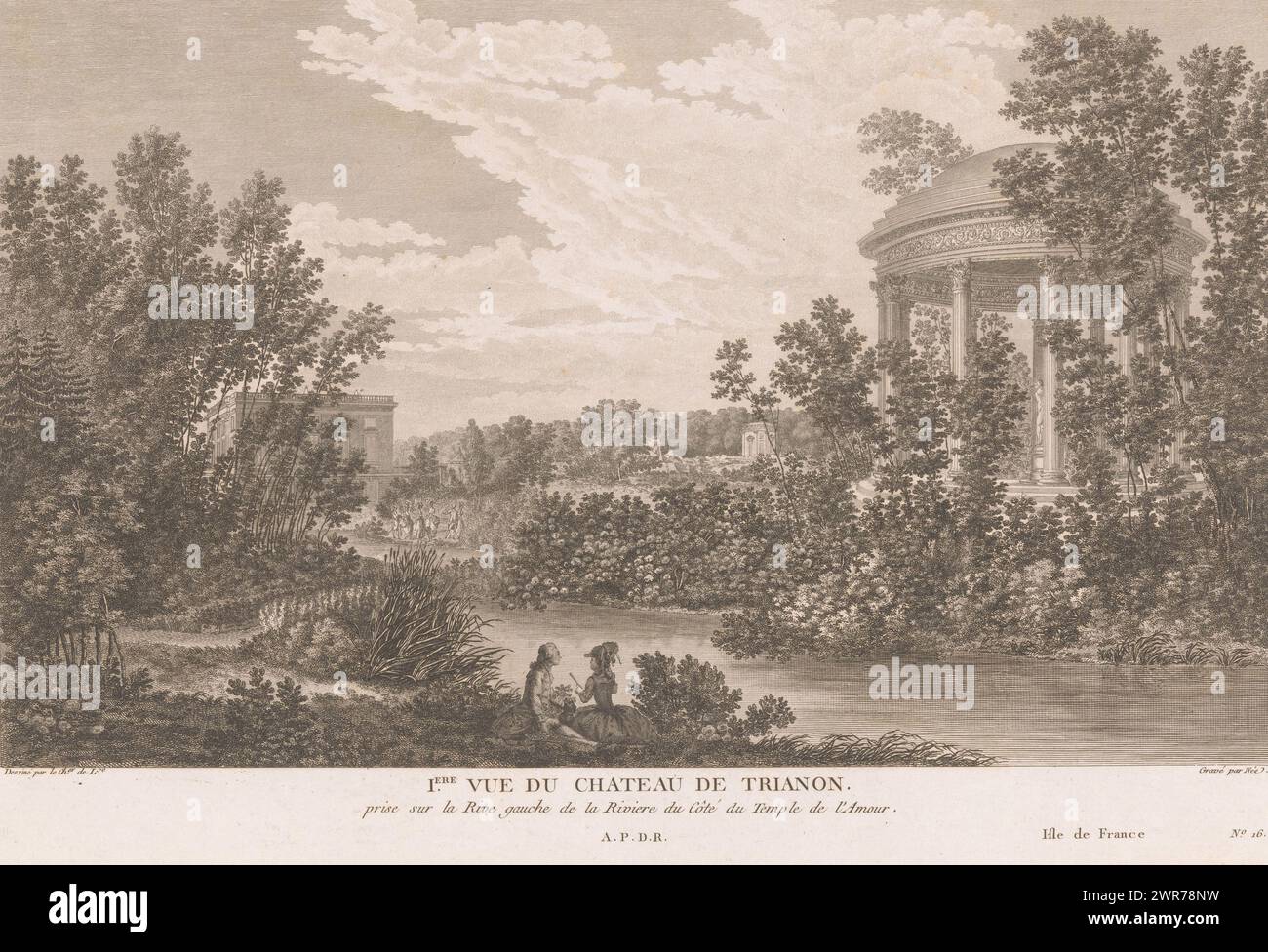 Veduta del giardino del Petit Trianon con il Temple de l'Amour, Iere Vue du château de Trianon (titolo sull'oggetto), numerato in basso a destra: N. 16., stampatore: Francois Denis nata, disegnato da: Louis Nicolas de Lespinasse, Franse Kroon, Francia, 1749 - 1817, carta, incisione, altezza 245 mm x larghezza 368 mm, stampa Foto Stock