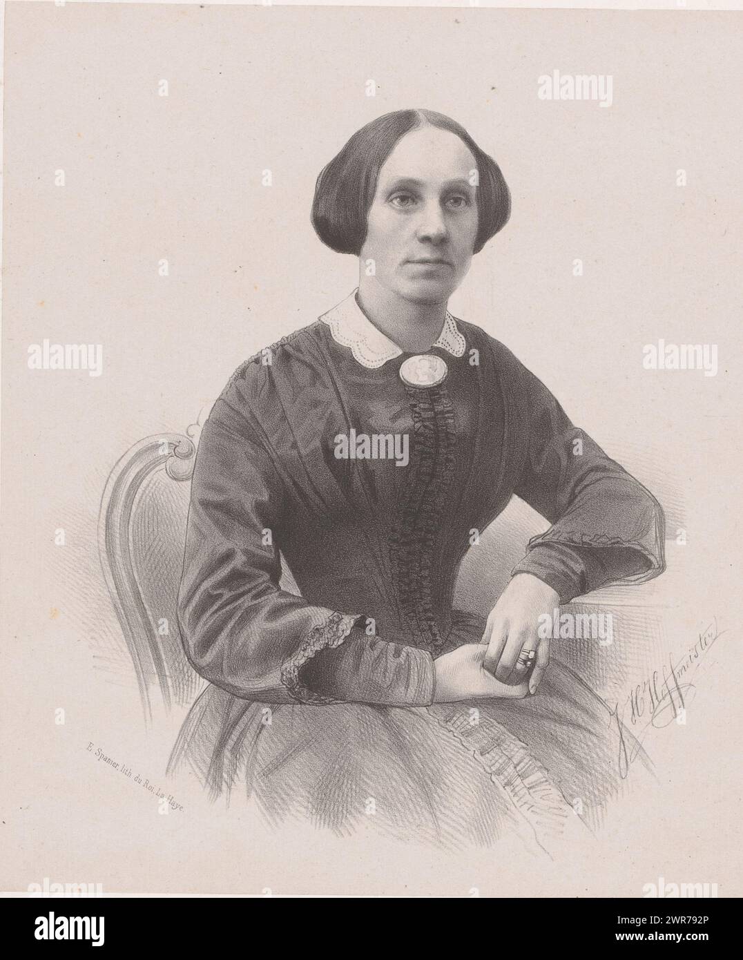 Ritratto della signora Baud, stampatore: Johan Hendrik Hoffmeister, stampatore: Koninklijke Steendrukkerij van E. Spanier, stampatore: Paesi Bassi, stampatore: L'Aia, c. 1851 - c. 1883, carta, altezza 445 mm x larghezza 305 mm, stampa Foto Stock