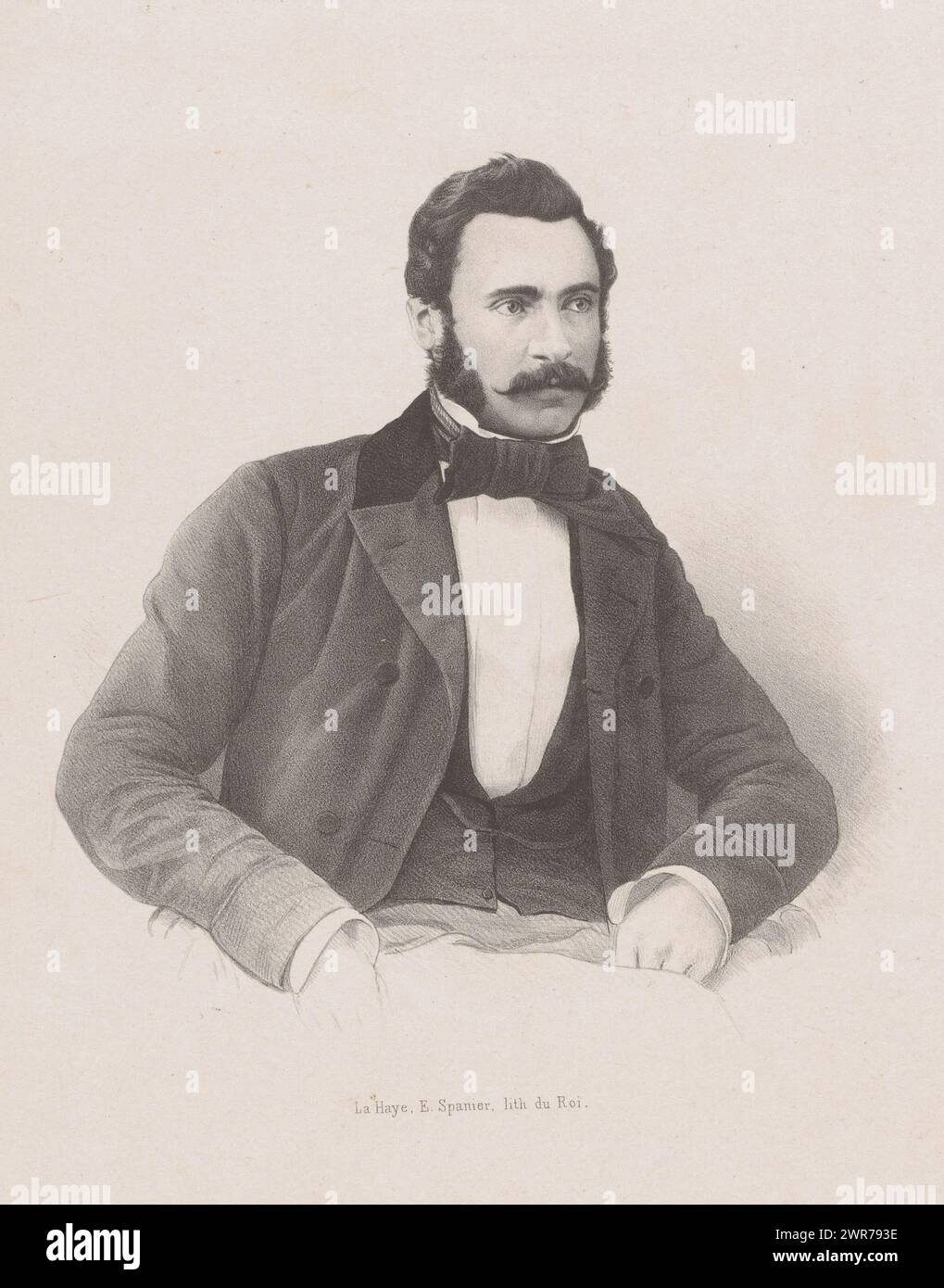 Ritratto di un uomo sconosciuto, stampatore: Johan Hendrik Hoffmeister, (attribuito a), stampatore: Koninklijke Steendrukkerij van E. Spanier, stampatore: Paesi Bassi, stampatore: L'Aia, 1851 - c. 1883, carta, altezza 455 mm x larghezza 308 mm, stampa Foto Stock