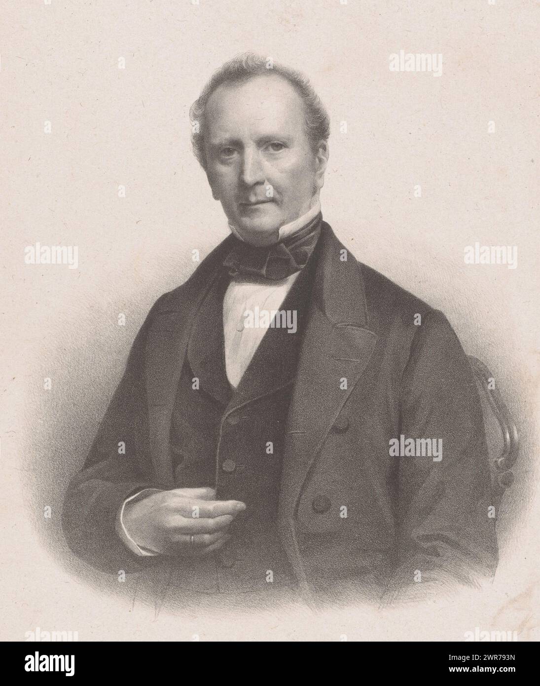 Ritratto di un uomo sconosciuto, la babysitter tiene il giubbotto con la mano destra., tipografo: Johan Hendrik Hoffmeister, (attribuito a), Paesi Bassi, 1843 - 1904, carta, altezza 330 mm x larghezza 250 mm, stampa Foto Stock