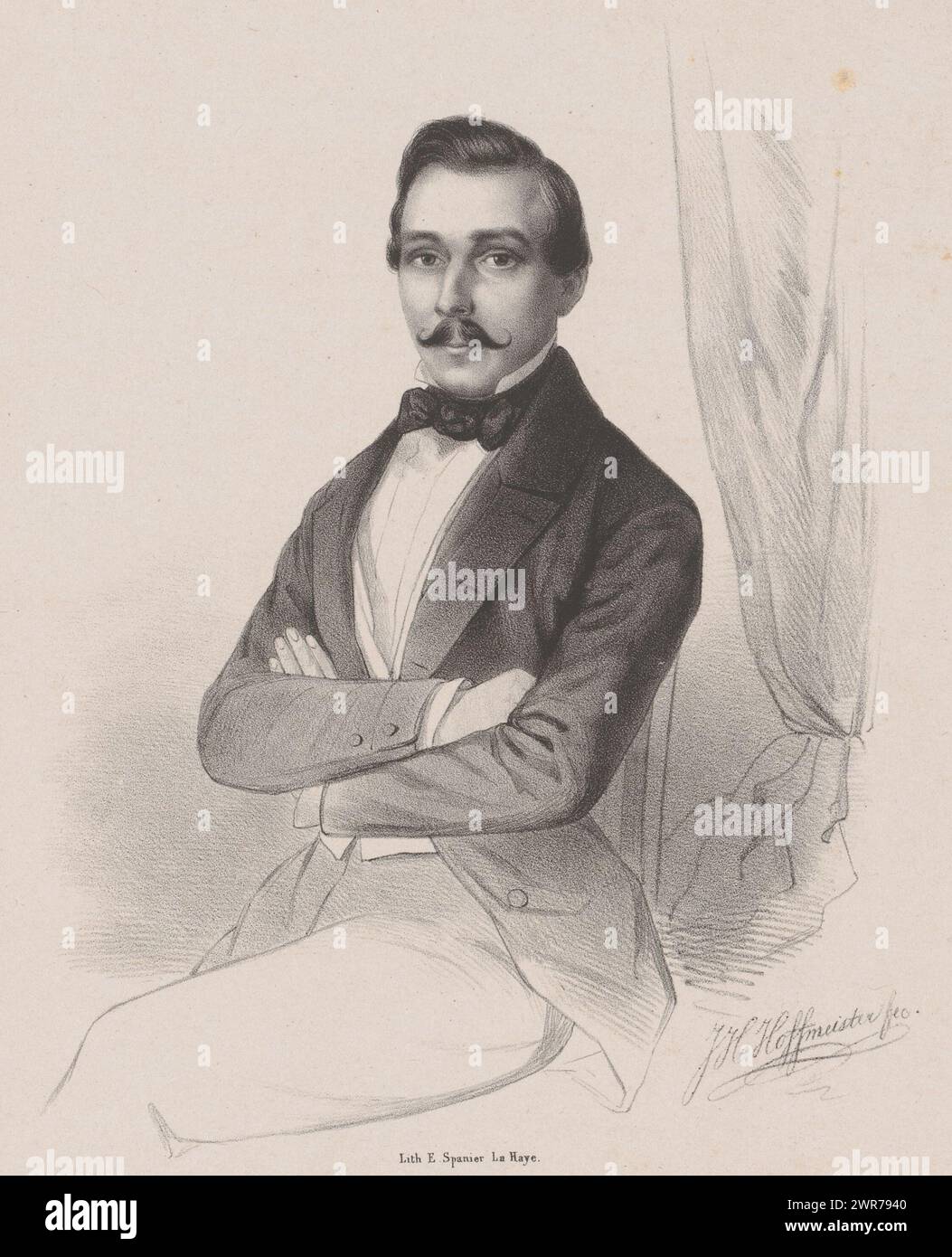 Ritratto di Levinus Wilhelmus Christiaan Keuchenius, la sitter siede con le braccia incrociate., stampatore: Johan Hendrik Hoffmeister, stampatore: Elias Spanier, stampatore: Paesi Bassi, stampatore: L'Aia, 1852 - 1891, carta, altezza 425 mm x larghezza 315 mm, stampa Foto Stock