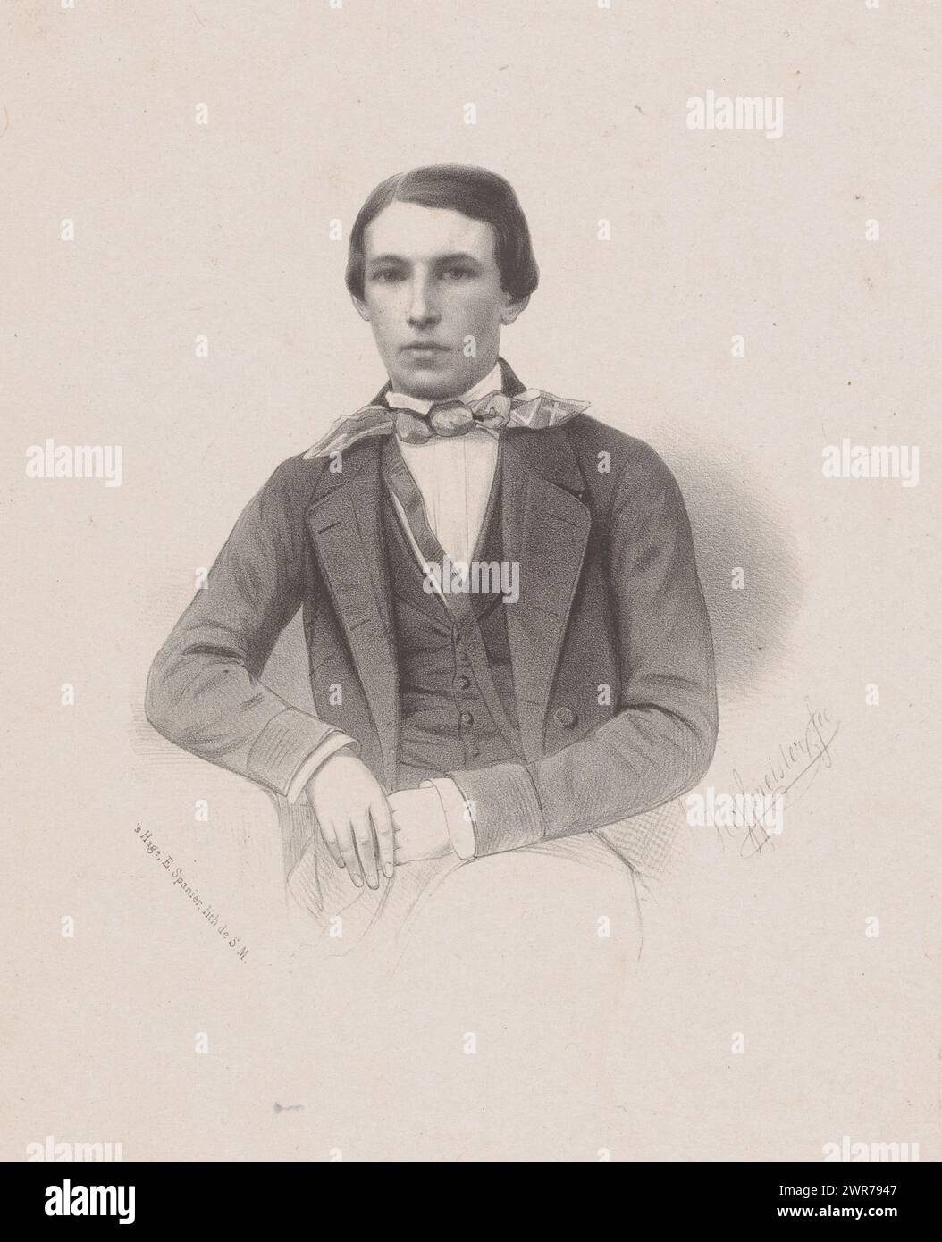 Ritratto di un uomo sconosciuto, forse Mr. Rambaldo, stampatore: Johan Hendrik Hoffmeister, stampatore: Koninklijke Steendrukkerij van E. Spanier, stampatore: Paesi Bassi, stampatore: L'Aia, c. 1851 - 1883, carta, altezza 440 mm x larghezza 310 mm, stampa Foto Stock