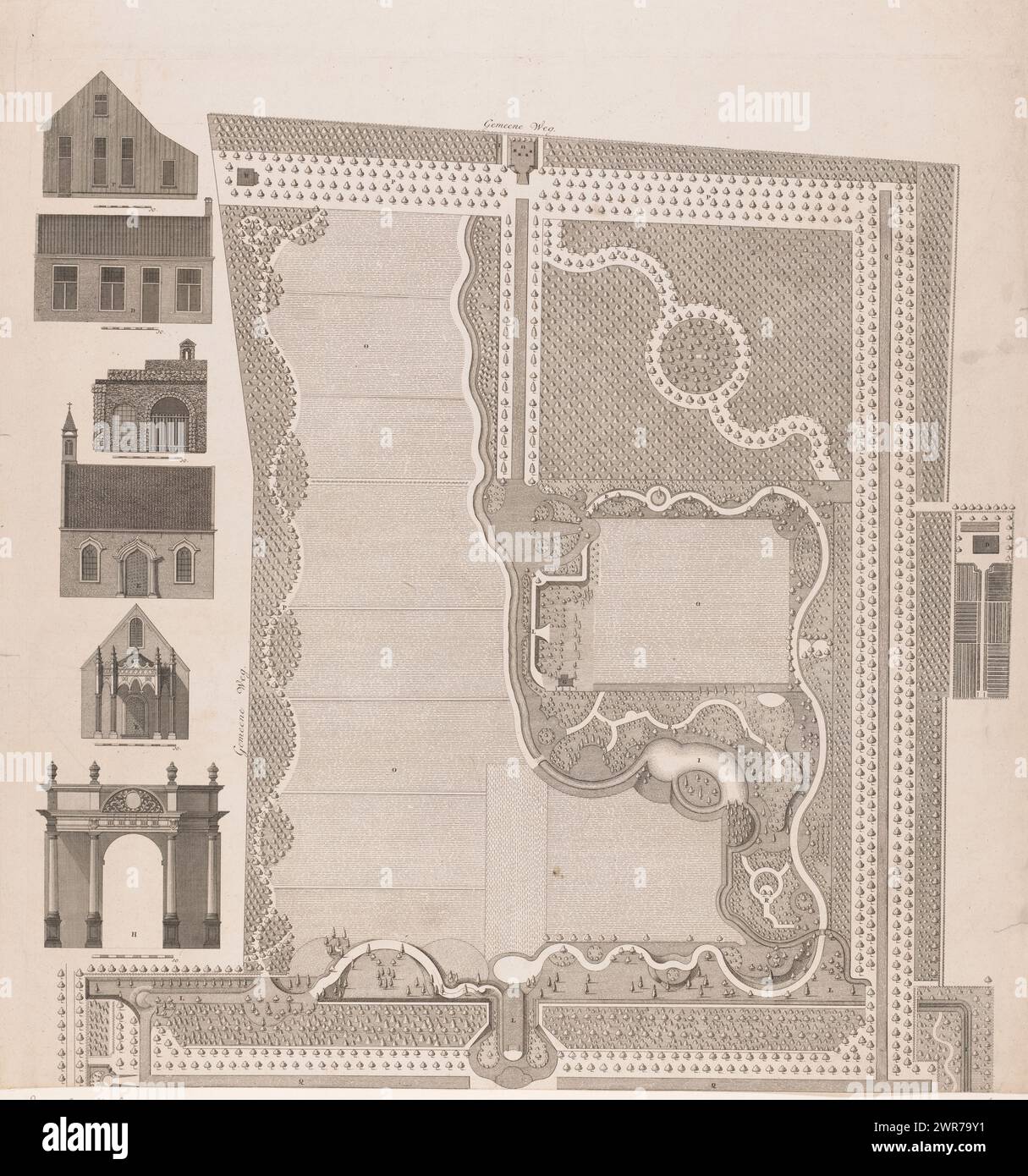 Seconda parte di una mappa di Beeckesteijn, con vista sugli edifici della tenuta, composta da due parti, Beeckesteyn, luogo di piacere di ed. Gestr. Lord Mr. Jacob Boreel (...) / Beeckesteyn, maison de campaign di monseigneur Mr. Jacob Boreel (...) (Titolo sull'oggetto), stampatore: Caspar Jacobsz. Philips, dopo aver disegnato: Johann Georg Michaël, Johann Georg Michaël, Amsterdam, 1772, carta, incisione, incisione, altezza 731 mm, larghezza 632 mm, stampa Foto Stock