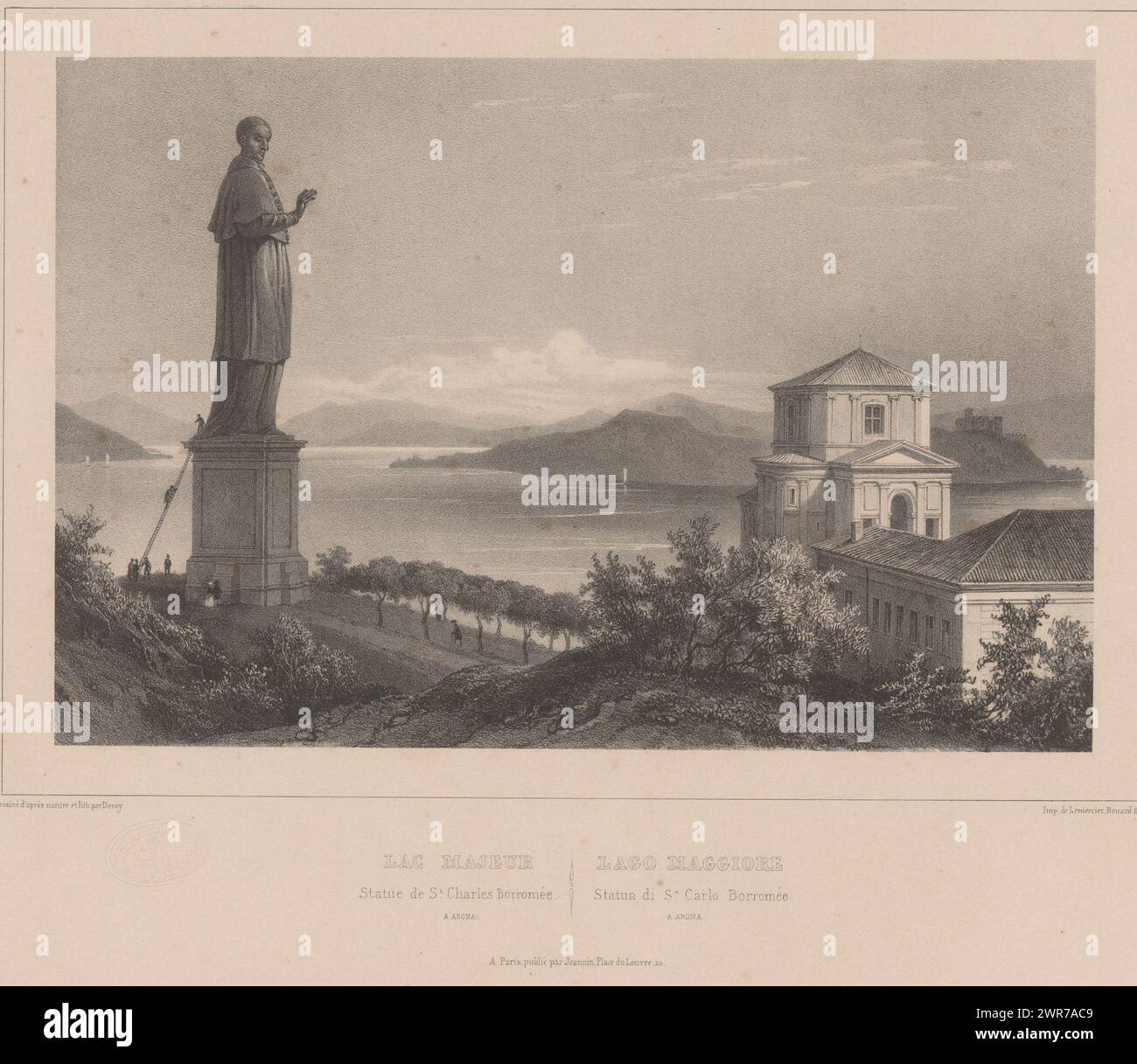 Vista della statua di San Carlo Borromeo ad Arona, Lac Majeur. Statua di St Charles Borromée / Lago maggiore. Statua di N. serie Carlo Borromeo (titolo su oggetto), Views on Lake Como and Lake maggiore (titolo della collana), Views in Italy (titolo della collana), Italy (titolo della collana su oggetto), Print fa parte di una copertina con sei stampe., print maker: Isodore-Laurent Deroy, dopo il disegno di: Isodore-Laurent Deroy, stampante: Benard Lemercier & Cie, Parigi, 1838 - 1841, carta, altezza 320 mm x larghezza 488 mm, stampa Foto Stock