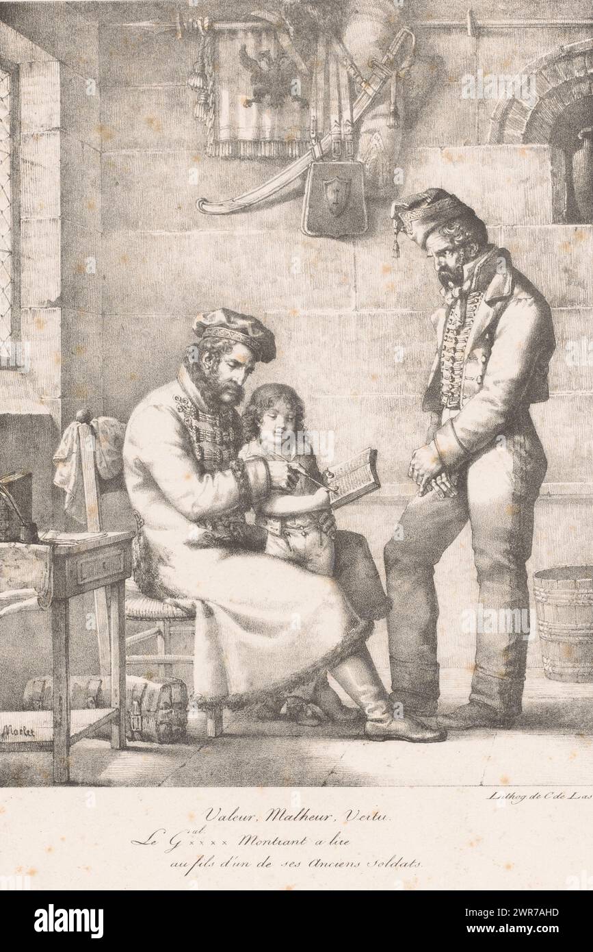 Il bambino riceve lezioni di lettura dal generale, Valeur, malheur, vertu. Le gxxxxal. Montrant à lire au fils d'un de ses anciens soldats (titolo sull'oggetto), stampatore: Jean Henri Marlet, stampatore: Charles Philibert de, Comte de Lasteyrie du Saillant, Parigi, 1818, carta, altezza 456 mm x larghezza 312 mm, stampa Foto Stock