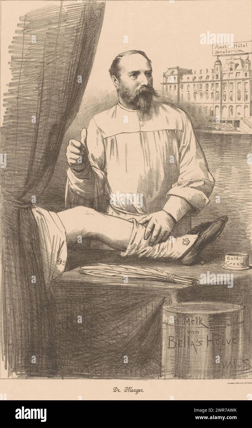 Johann Georg Mezger tratta un paziente reale, Dr. Mezger (titolo sull'oggetto), il Dottor Mezger si erge con il suo "pollice d'oro" mentre tratta la gamba di un paziente reale. Sullo sfondo l'Amstel Hotel, centro di trattamento Mezger dal 1870 al 1888. In primo piano c'è un barile con latte di bella Hoeve., stampatore: Willem Steelink (II), stampatore: Harms & Co.. Ellerman, Amsterdam, 1887, carta, altezza 440 mm x larghezza 293 mm, stampa Foto Stock