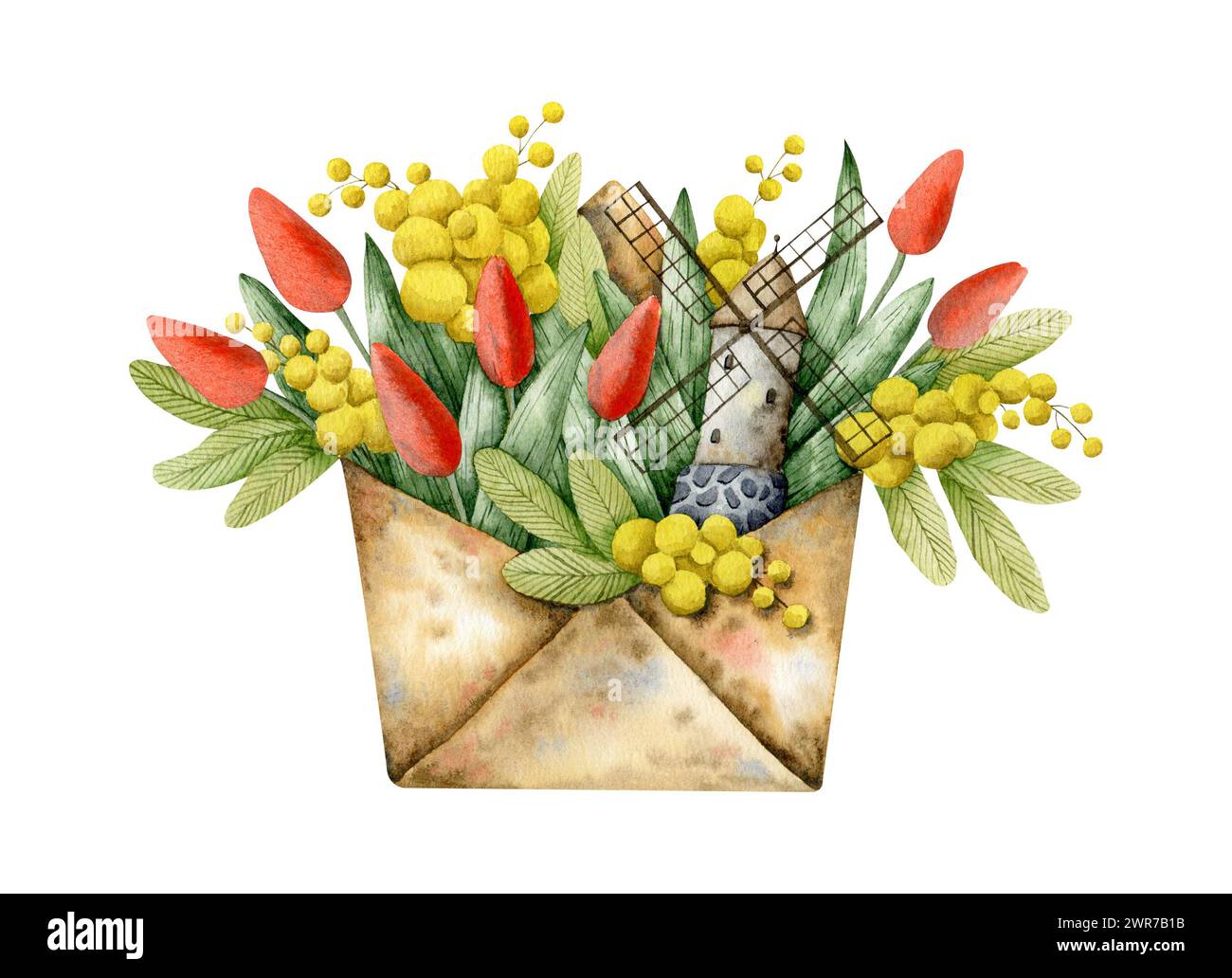 Busta ad acquerello disegnata a mano con tulipani e mimosa. Composizione per poster, cartoline e banner decorativi e di design Foto Stock