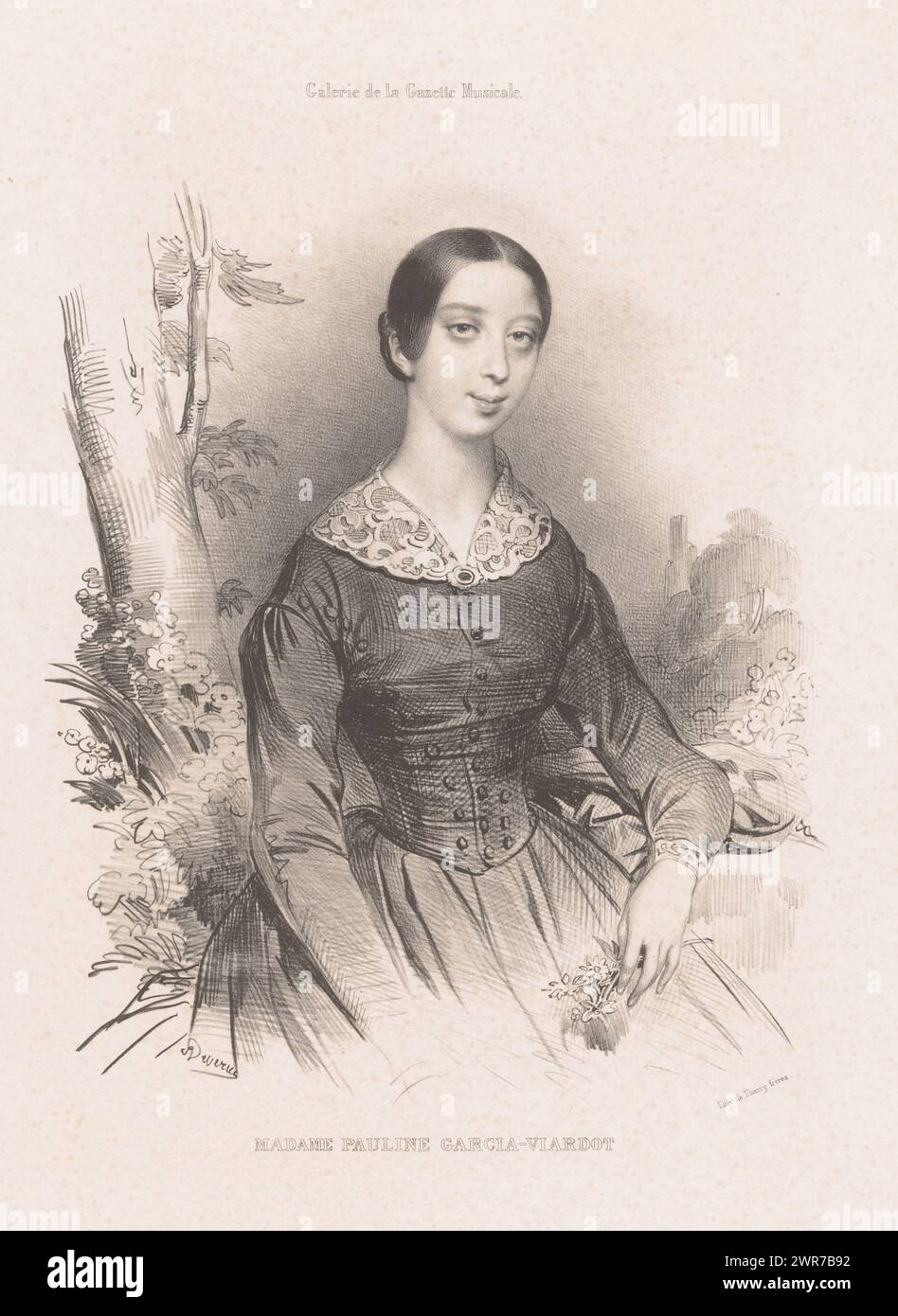 Ritratto della cantante Pauline Viardot, Madame Pauline Garcia-Viardot (titolo sull'oggetto), tipografo: Achille Devéria, tipografo: Thierry frères, Parigi, 1840, carta, altezza 515 mm x larghezza 364 mm, stampa Foto Stock