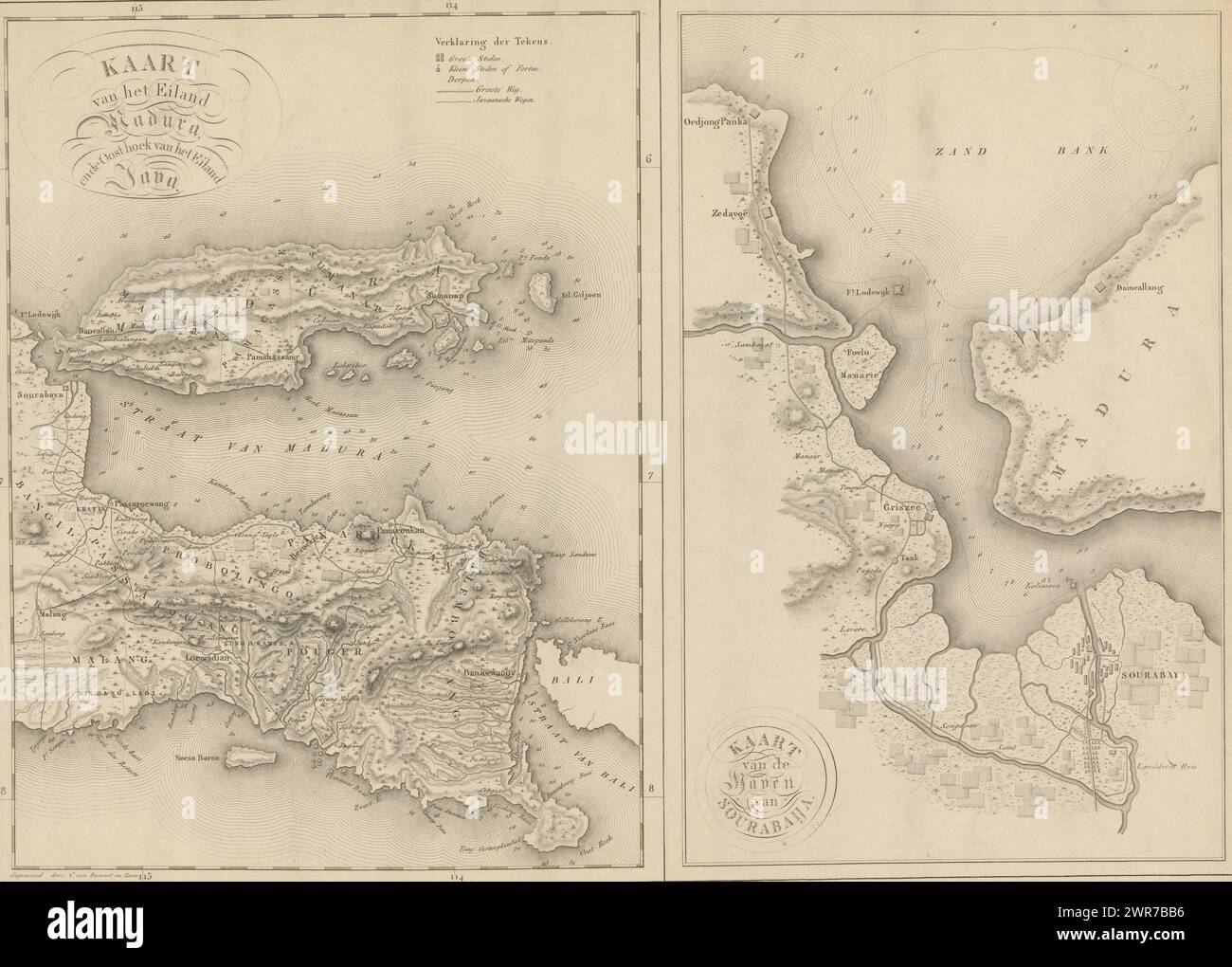 Mappa di Madoera e mappa del porto di Surabaya, Mappa dell'isola di Madura e dell'angolo orientale dell'isola di Java / Mappa del porto di Sourabaija (titolo sull'oggetto), numerata in alto a sinistra: V., stampatore: C. van Baarsel en Zoon, editore: Gebroeders van Cleef, 1817, carta, incisione, incisione, altezza 382 mm x larghezza 530 mm, stampa Foto Stock