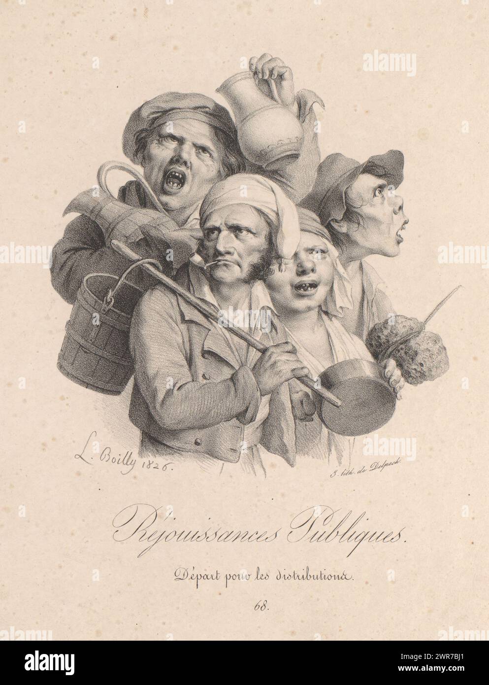 Caricatura di tre uomini e una donna durante le feste pubbliche, Réjouissances publiques. Départ pour les Distribuctions (titolo su oggetto), Faces with a Grimace (titolo della serie), Recueil de grimaces (titolo della serie), gli uomini e la donna trasportano secchi, padelle e barattoli con i quali ricevono bevande e cibo gratuiti (distribuzioni les ) raccoglieranno durante i festeggiamenti pubblici., Print Maker: Louis-Léopold Boilly, stampante: Francesco Séraphin Delpech, Parigi, 1826, carta, altezza 359 mm x larghezza 262 mm, stampa Foto Stock