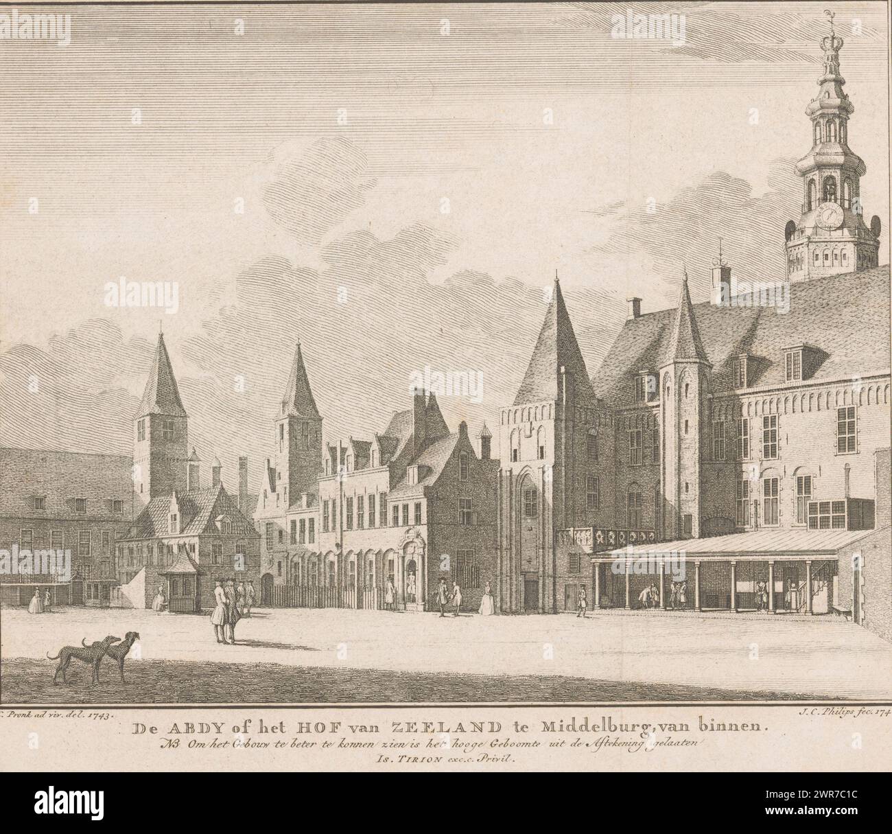 Vista dell'Abdijplein a Middelburg, 1743, De Abdy o Hof van Zeeland a Middelburg, dall'interno. NB, al fine di ottenere una migliore vista dell'edificio, gli alberi alti sono stati lasciati fuori dal disegno (titolo sull'oggetto), Vista dell'Abdijplein a Middelburg, nella situazione intorno al 1743. La Corte di Zelanda aveva la sua sede negli edifici dell'ex abbazia, in Abbey Square. Sullo sfondo a destra c'è The Lange Jan., stampatore: Jan Caspar Philips, dopo aver disegnato: Cornelis Pronk, editore: Isaak Tirion, Amsterdam, 1746, carta, incisione, altezza 176 mm x larghezza 209 mm Foto Stock