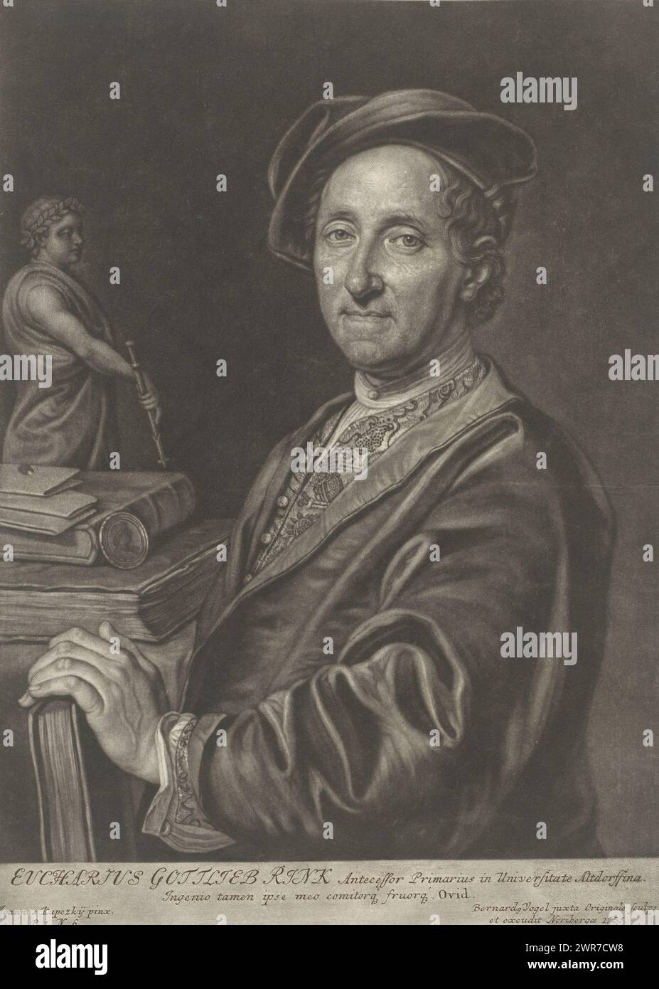 Ritratto di Eucharius Gottlieb Rink, stampatore: Bernhard Vogel, dopo la pittura di: Jan Kupecký, editore: Bernhard Vogel, Neurenberg, 1735, carta, altezza 348 mm x larghezza 252 mm, stampa Foto Stock