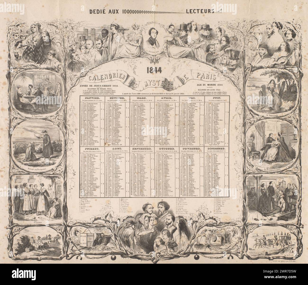 Calendario per l'anno 1844, Calendrier des mystères de Paris 1844 (titolo sull'oggetto), a sinistra e a destra del calendario otto piccole rappresentazioni di figure in varie circostanze. Sopra e sotto il calendario 33 ritratti di (in parte) figure storiche. In alto c'è l'iscrizione: "Dedié aux 1000000000 lecteurs!!!!"., stampatore: H. Boullet, dopo aver disegnato da: Jacques Gagné, 1843, carta, altezza 418 mm x larghezza 555 mm, stampa Foto Stock