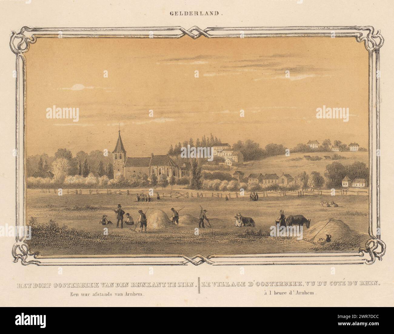 Vista di Oosterbeek con figure che fanno fieno, il villaggio di Oosterbeek può essere visto dal lato di Rijn. Ad un'ora da Arnhem. (Titolo sull'oggetto), Gelderland (titolo della serie sull'oggetto), in primo piano le figure raccolgono fieno. Dietro di essa la vecchia chiesa di Oosterbeek., stampatore: Frederik Lodewijk Huygens, Paesi Bassi, 1812 - 1887, carta, altezza 270 mm x larghezza 360 mm, stampa Foto Stock