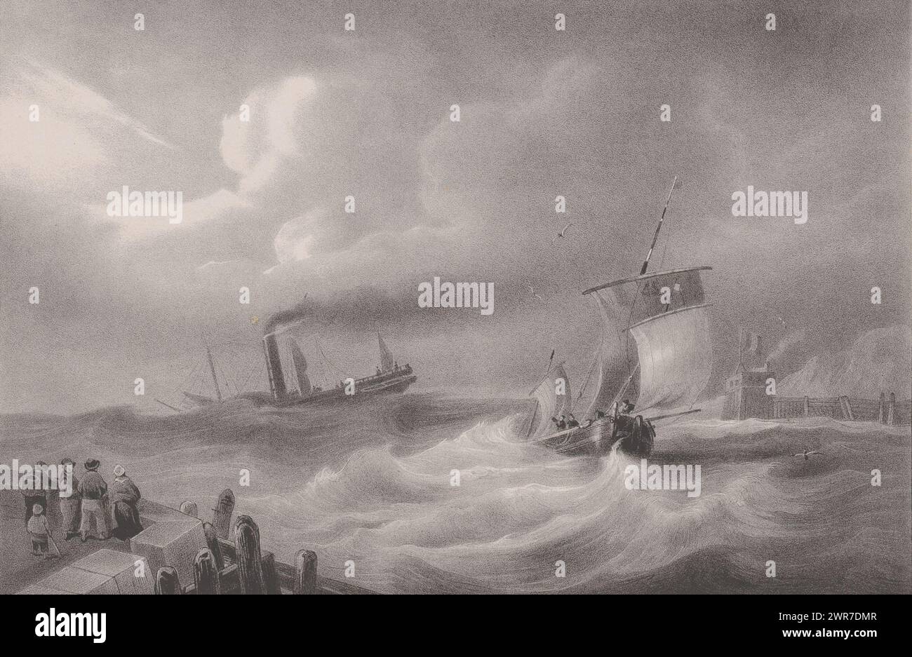 Battello a vapore e nave a vela durante una tempesta in un porto. A sinistra sulla banchina, la gente guarda le navi sulle onde alte., stampatore: Carel Christiaan Antony ultimo, su disegno di: Louis Meijer, stampatore: Hilmar Johannes Backer, Dordrecht, 1822 - 1845, carta, altezza 270 mm x larghezza 365 mm, stampa Foto Stock