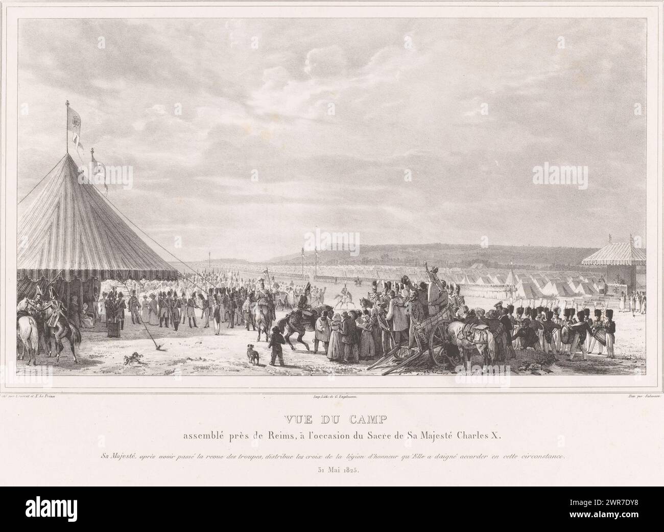 Vista del campo tenda, eretto in occasione dell'incoronazione di Carlo, tipografo: Jean-Antoine Laurent, tipografo: Auguste Xavier Leprince, su disegno di: Salneuve, Parigi, 1825, carta, altezza 411 mm x larghezza 538 mm, stampa Foto Stock