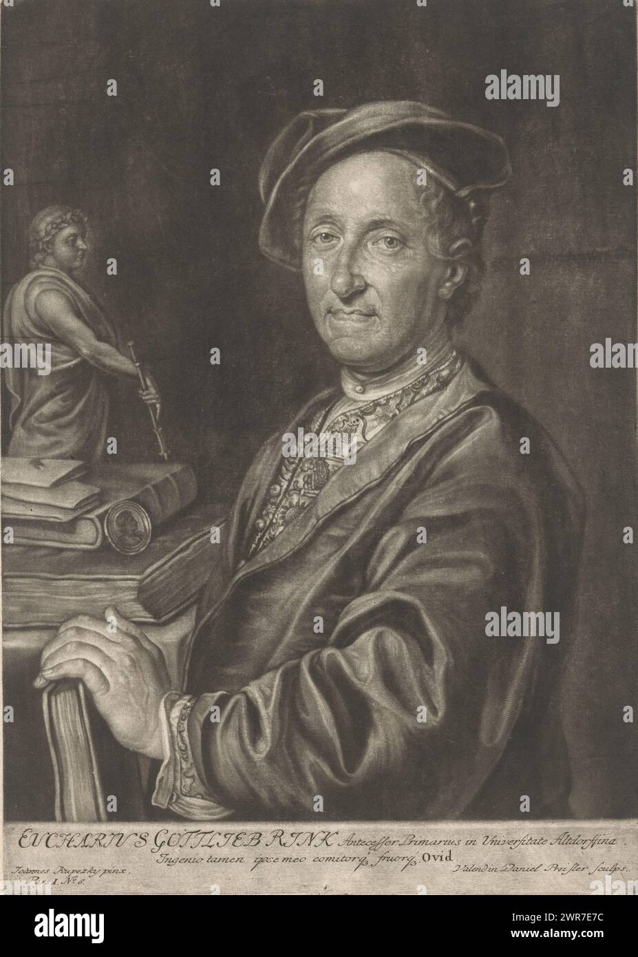 Ritratto di Eucharius Gottlieb Rink, con didascalia in latino di Ovidio. Una striscia con informazioni biografiche è incollata nel margine inferiore., stampatore: Valentin Daniel Preissler, dopo la pittura di: Jan Kupecký, 1727 - 1745, carta, altezza 352 mm x larghezza 249 mm, stampa Foto Stock