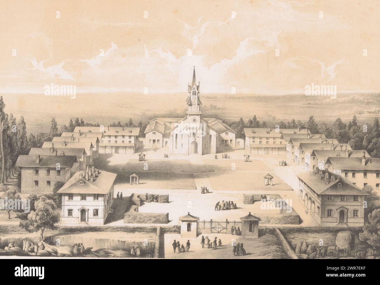 Vista del carcere giovanile di Mettray, Vue générale de la colonie (titolo sull'oggetto), raffigurazioni della colonia penale di Mettray (titolo della serie), colonie de Mettray (titolo della serie sull'oggetto), stampatore: Faivre, stampatore: Sauvé, su disegno di: a. Thierry, Parigi, c. 1844, carta, altezza 319 mm x larghezza 451 mm, stampa Foto Stock