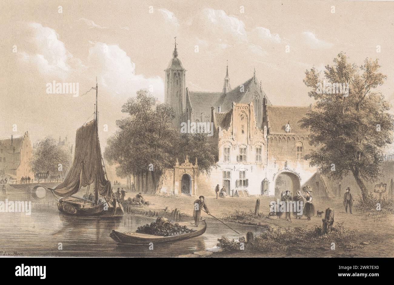 Paesaggio urbano con fiume e chiesa, una barca a vela e un punt sull'acqua., stampatore: Bartholomeus Johannes van Hove, su disegno personale di: Bartholomeus Johannes van Hove, stampatore: Koninklijke Nederlandse Steendrukkerij van C.W. Mieling, stampatore: Paesi Bassi, su disegno personale di: Paesi Bassi, stampante: l'Aia, 1847 - c. 1863, carta, altezza 355 mm x larghezza 530 mm, stampa Foto Stock