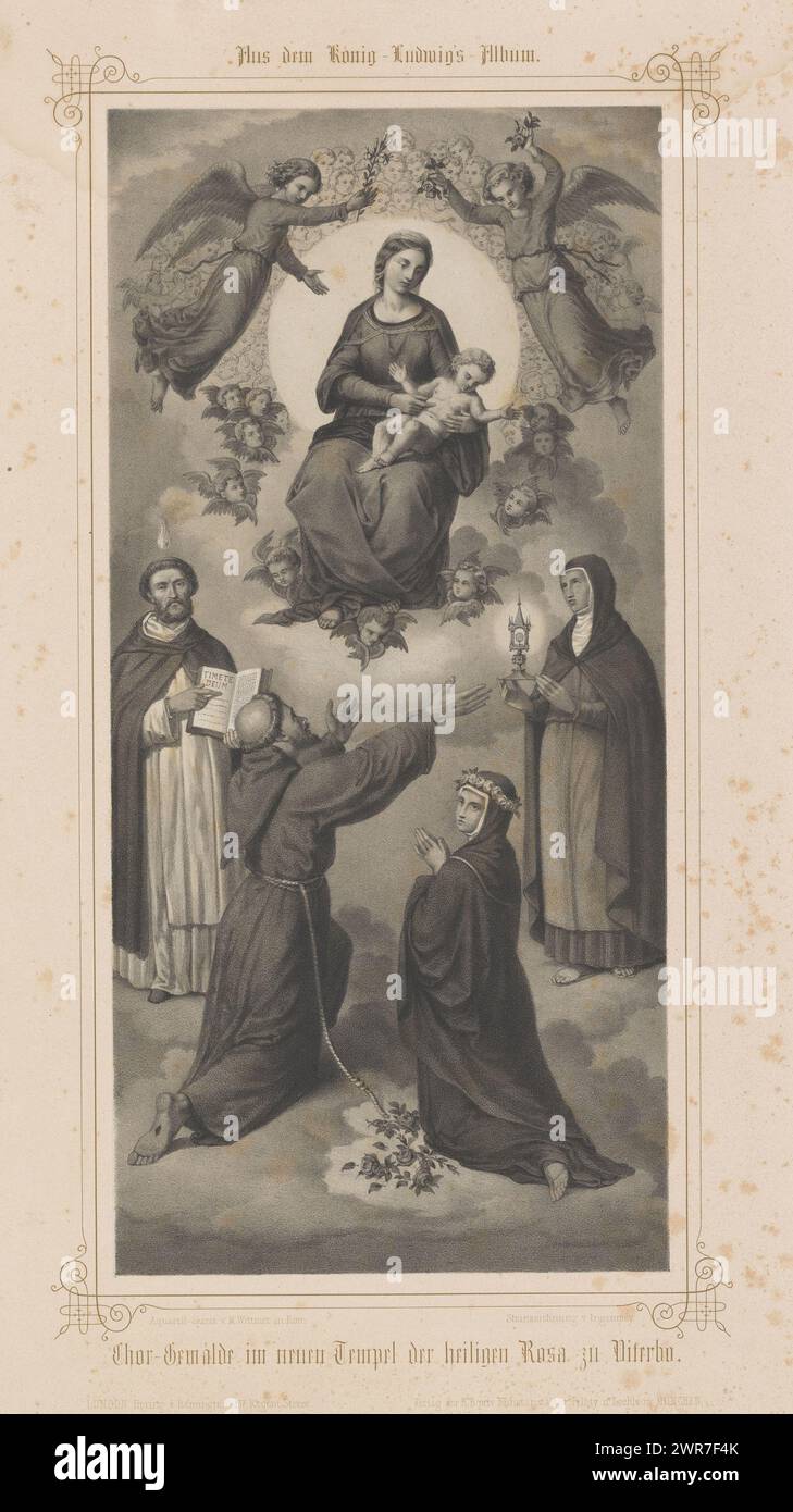 San Francesco e Rosa di Viterbo pregano Maria con bambino, Chor-Gemälde im neuen Tempel der saints Rosa zu Viterbo (titolo sull'oggetto), album presentato a Luigi i di Baviera (titolo della serie), König-Ludwigs album (titolo della serie sull'oggetto ), stamperia: Franz Maria Ingenmey, dopo aver dipinto: Johann Michael Wittmer, editore: Piloty & Löhle, dopo la pittura di: Roma, editore: München, editore: Londra, 1850 - 1859, paper, altezza 580 mm x larghezza 443 mm, stampa Foto Stock