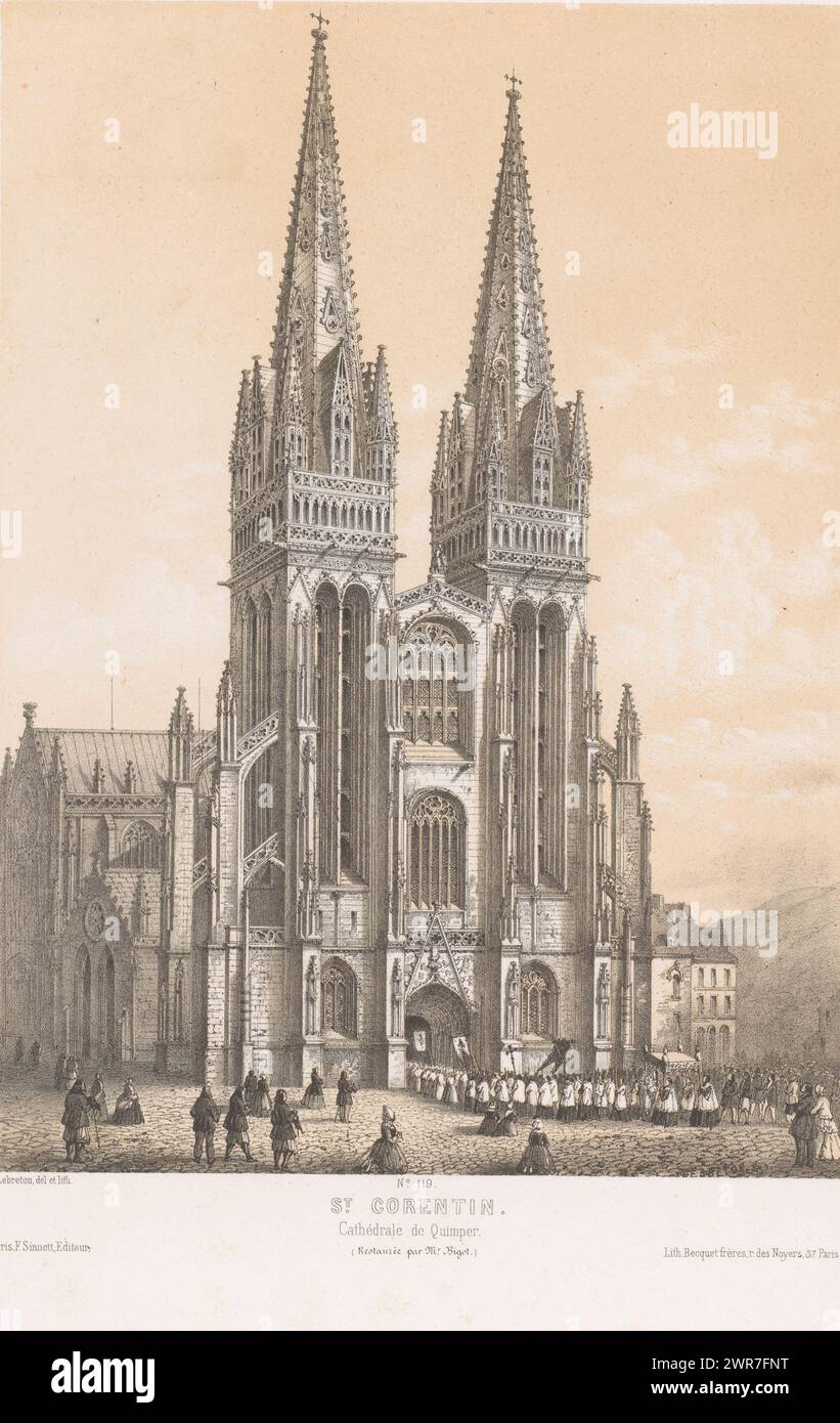 Vista della cattedrale di Saint-Corentin a Quimper, St. Corentin. Cathédrale de Quimper (titolo sull'oggetto), Francia contemporanea (titolo della collana), la France de nos jours (titolo della collana sull'oggetto), stampatore: Louis Lebreton, su disegno di: Louis Lebreton, stampatore: Becquet frères, Parigi, 1855 - 1859, carta, altezza 399 mm x larghezza 291 mm, stampa Foto Stock