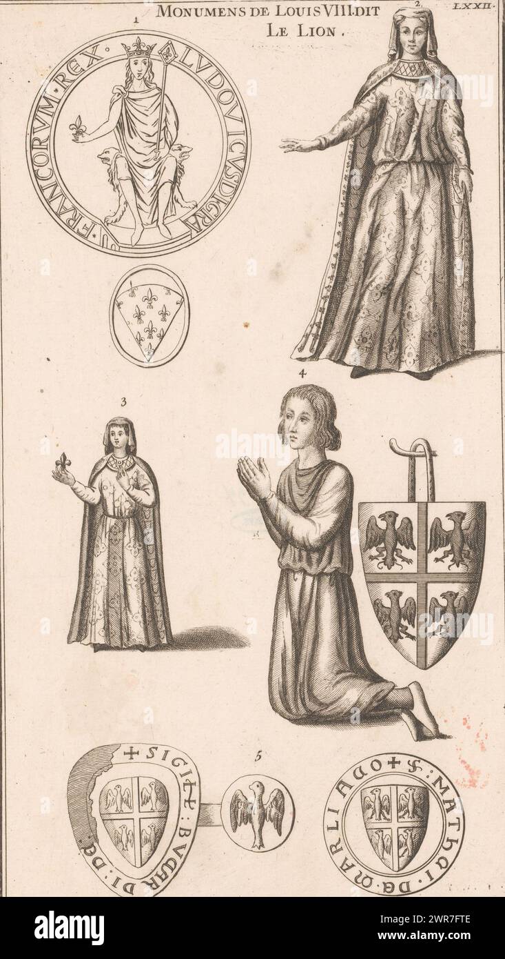 Ritratti di re Luigi VIII e di sua moglie e suo figlio, circondati da vari sigilli e stemmi, tipografo: Dominique Sornique, (attribuito a), editore: Pierre Francois Giffart, editore: Julien-Michel Gandouin, Parigi, 1729 - 1733, carta, incisione, incisione, altezza 325 mm x larghezza 188 mm, stampa Foto Stock