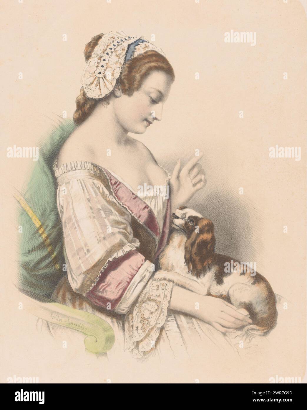 Una giovane donna allena il suo cane, Faites le Beau! (Titolo sull'oggetto), motivi in miniatura (titolo della serie), motivi in miniatura (titolo della serie sull'oggetto), stampatore: Émile Lassalle, stampatore: Joseph Rose Lemercier, editore: Goupil & Cie, Parigi, 1855 - 1858, carta, altezza 565 mm x larghezza 411 mm, stampa Foto Stock