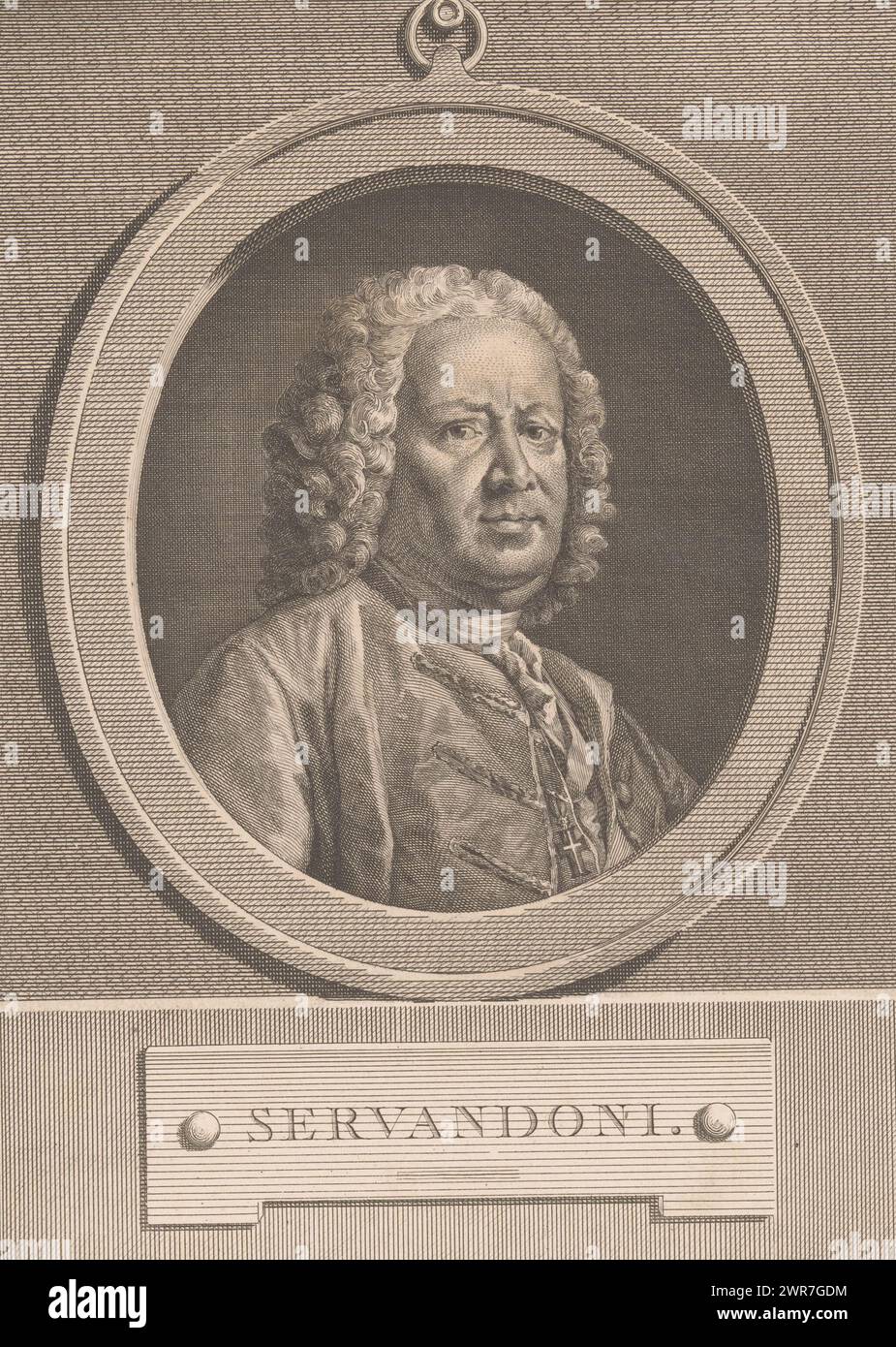 Ritratto di Giovanni Niccolò Servandoni, Servandoni (titolo sull'oggetto), tipografo: Simon Charles Miger, dopo pittura di: Jean-Francois Gilles Colson, 1746 - 1820, carta, incisione, altezza 266 mm x larghezza 188 mm, stampa Foto Stock