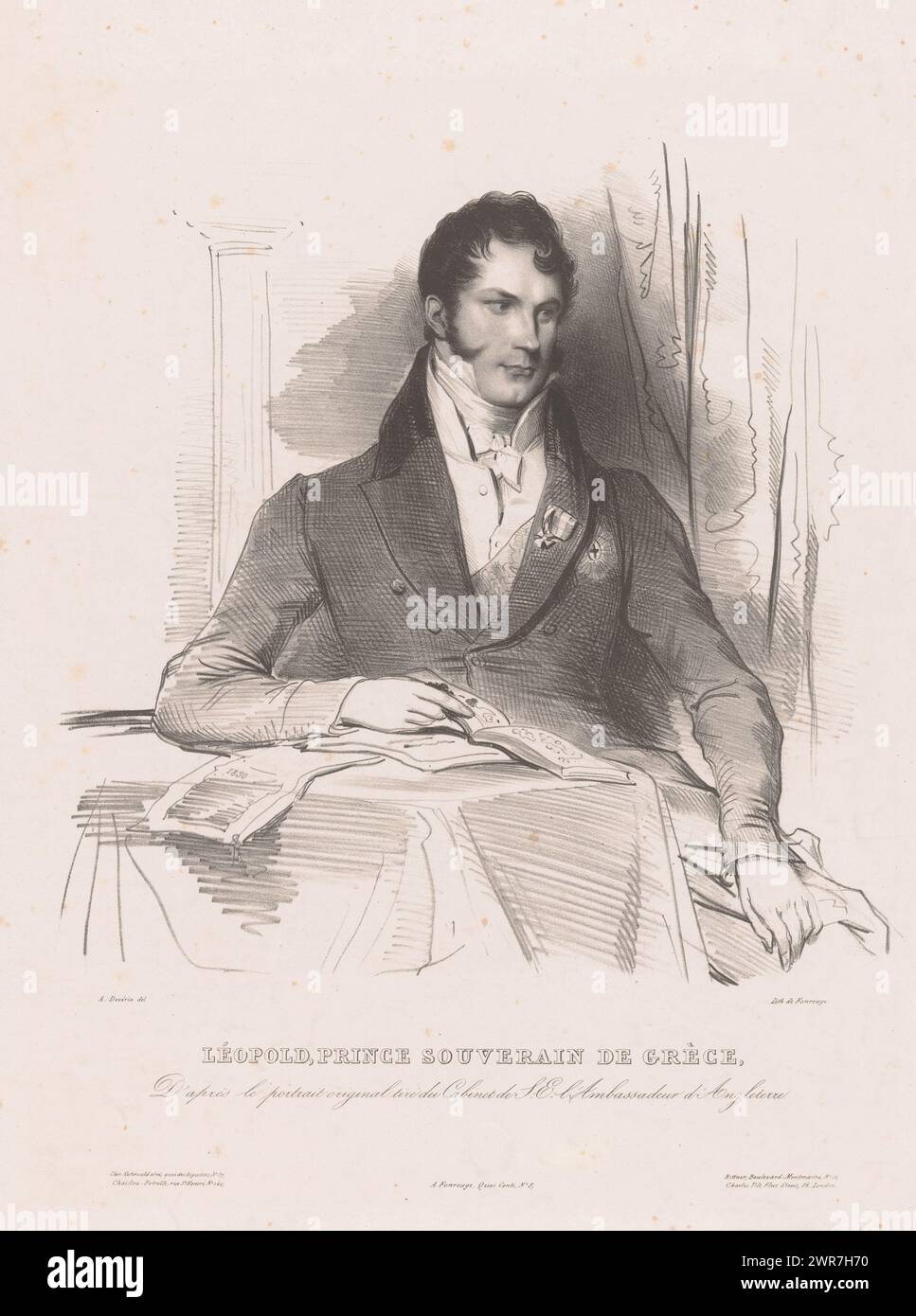 Ritratto di Leopoldo i del Belgio, Léopold, Prince souverain de Grèce (titolo sull'oggetto), tipografo: Achille Devéria, tipografo: Antoine Catherine Adolphe Fonrouge, editore: Jean Fréderic Ostervald, tipografo: Parigi, tipografo: Parigi, editore: Parigi, editore: Parigi, editore: Parigi, editore: Parigi, editore: Londra, 1830, carta, altezza 506 mm x larghezza 367 mm, stampa Foto Stock