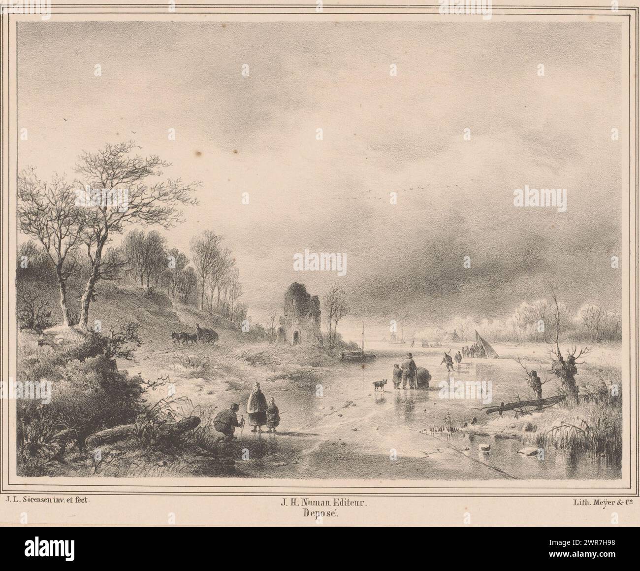 Personaggi su un fiume ghiacciato, pattinatori e personaggi con una slitta su un fiume ghiacciato. Sullo sfondo tende sul ghiaccio con gente in piedi. A sinistra, i cavalli guidano con un carrello su un sentiero vicino a una rovina., stampatore: Jacobus Sörensen, su progetto di: Jacobus Sörensen, stampatore: Meyer & Comp., Amsterdam, 1843 - 1856, carta, altezza 340 mm x larghezza 443 mm, stampa Foto Stock