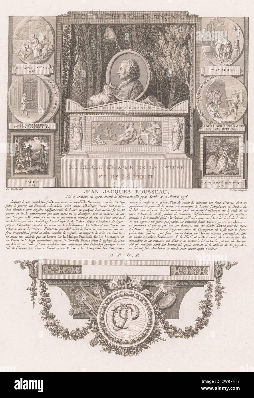 Ritratto allegorico di Jean-Jacques Rousseau, ritratti di personaggi storici francesi (titolo della serie), Les illustres franais, ou tableaux historiques des grands Hommes de la France (titolo della serie), tipografo: Nicolas Ponce, dopo disegno di: Clément Pierre Marillier, Franse Kroon, Francia, 1790 - 1816, carta, incisione, incisione, altezza 335 mm x larghezza 228 mm, stampa Foto Stock