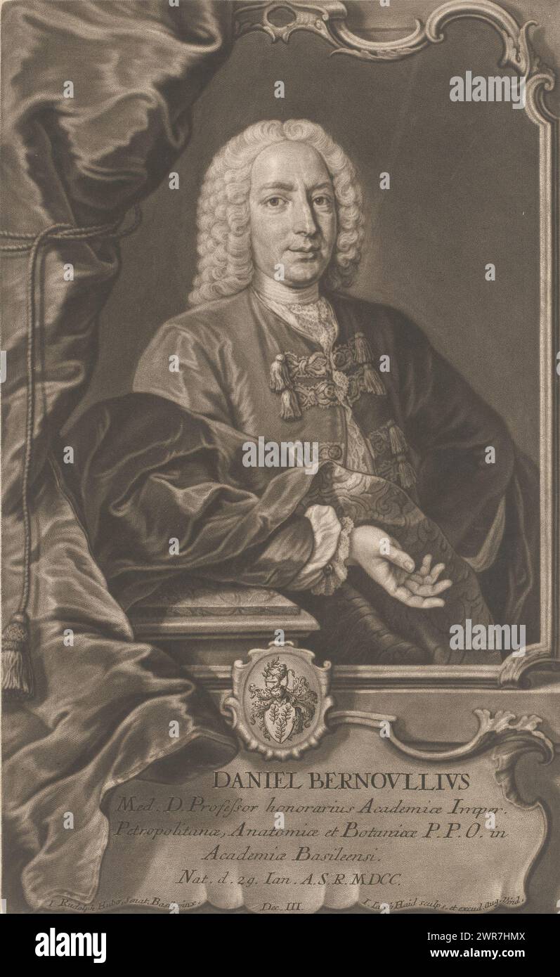 Ritratto di Daniel Bernoulli, con didascalia in tedesco., stampatore: Johann Jacob Haid, dopo la pittura di: Johann Rudolf Huber (1668-1748), editore: Johann Jacob Haid, stampatore: Augusta, dopo aver dipinto di: Bazel, editore: Augusta, 1744, carta, incisione, altezza 309 mm x larghezza 190 mm, stampa Foto Stock