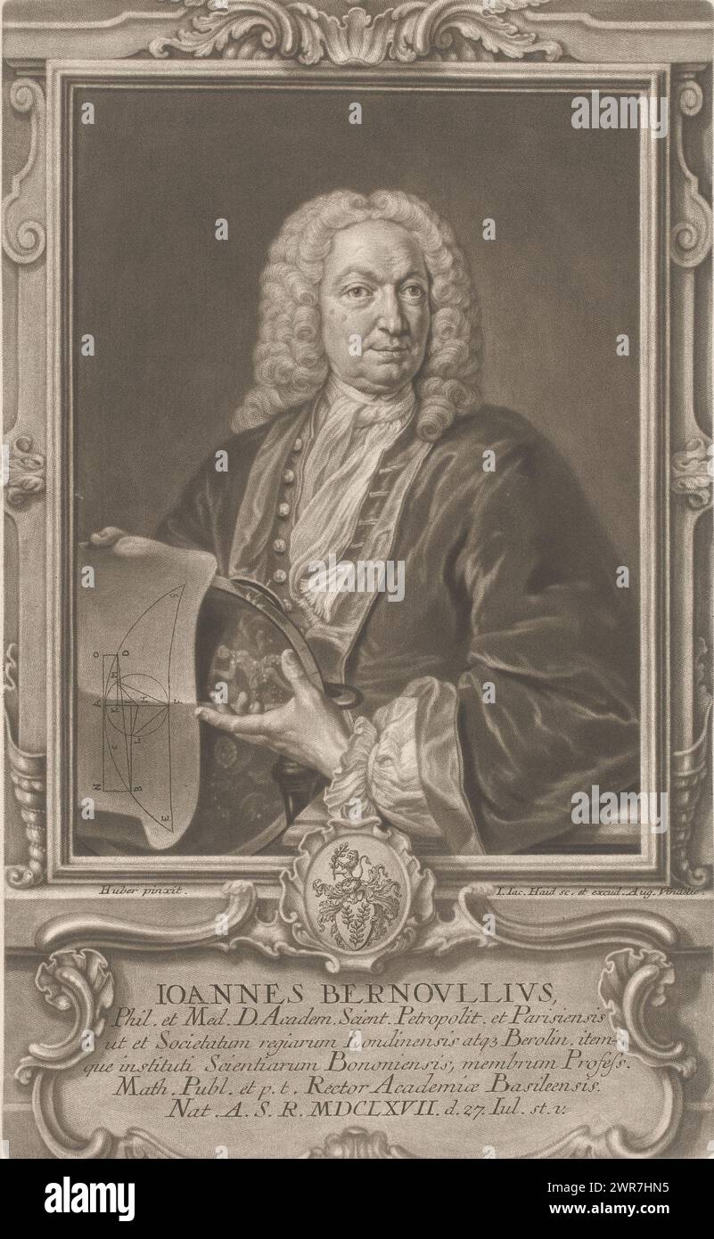 Ritratto di Johann Bernoulli, con didascalia in tedesco., tipografo: Johann Jacob Haid, dopo la pittura di: Johann Rudolf Huber (1668-1748), editore: Johann Jacob Haid, Augusta, 1714 - 1767, carta, incisione, altezza 310 mm x larghezza 190 mm, stampa Foto Stock