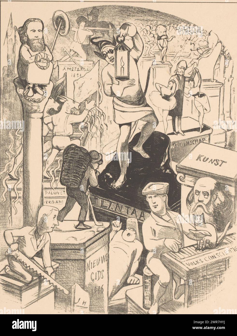 Statue del futuro (titolo sull'oggetto), al centro c'è una figura simile a un diavolo con una lanterna. Piedistalli e statue lo circondano. Alla sua sinistra, Victor de Stuers è incatenato ad un pilastro. A destra la testa di Pierre Cuypers. Questa stampa è stata pubblicata da De Lantaarn., stampatore: Jan Holswilder, stampatore: M.H. Blommers, editore: Adriaan Rössing, stampatore: Paesi Bassi, stampatore: L'Aia, editore: The Hague, 1886, carta, altezza 335 mm x larghezza 260 mm, stampa Foto Stock