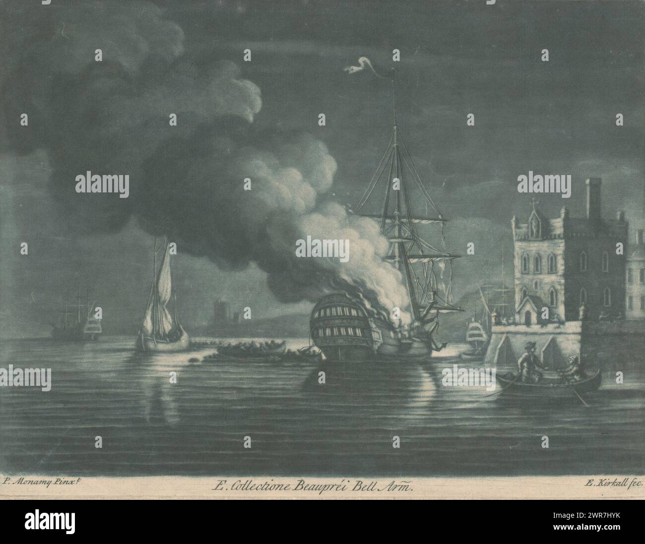 Nave in fiamme al porto, stampatrice: Elisha Kirkall, dopo aver dipinto: Peter Monamy, 1692 - 1742, carta, incisione, altezza 198 mm x larghezza 257 mm, stampa Foto Stock
