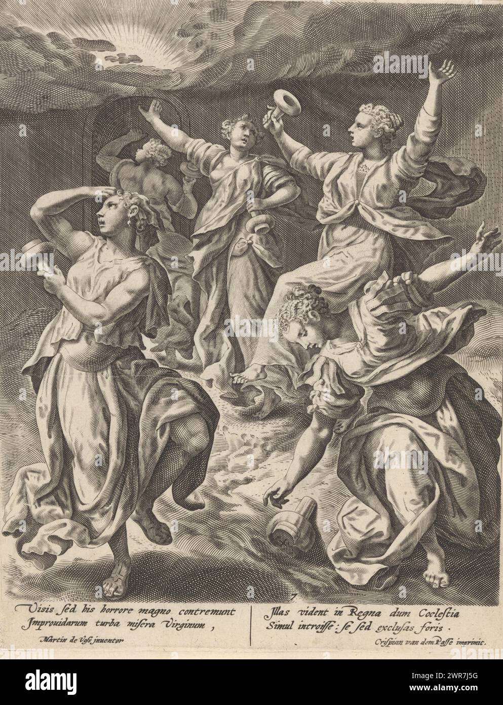 Le cinque vergini sciocche sono chiuse, Parabola dei cinque saggi e le cinque vergini sciocche (titolo della serie), Parabola V. Virginum Typis Aen: Expressa. (Titolo della serie), le cinque pazze vergini si trovano davanti alla porta chiusa della casa dello sposo. Gridano di essere lasciati entrare. A margine una didascalia di quattro righe, in due colonne, in latino che si riferisce alle vergini escluse., stampatore: Crispijn van de Passe (i), su disegno di: Maerten de Vos, editore: Crispijn van de Passe (i), Colonia, 1589 - 1611, carta, incisione, altezza 228 mm x larghezza 176 mm Foto Stock