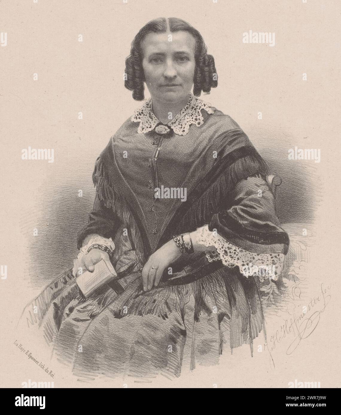 Ritratto di una donna sconosciuta, forse Mrs. Mook, stampatore: Johan Hendrik Hoffmeister, stampatore: Koninklijke Steendrukkerij van E. Spanier, stampatore: Paesi Bassi, stampatore: L'Aia, 1851 - c. 1883, carta, altezza 530 mm x larghezza 365 mm, stampa Foto Stock