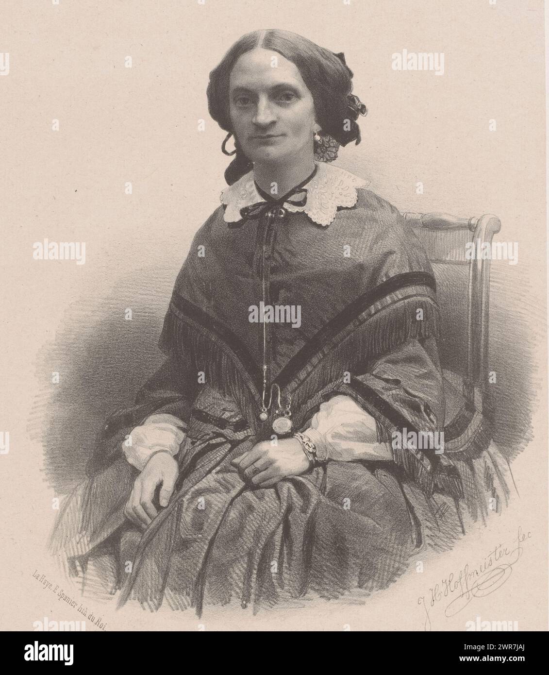 Ritratto di una donna sconosciuta, forse Mrs. Mook, stampatore: Johan Hendrik Hoffmeister, stampatore: Koninklijke Steendrukkerij van E. Spanier, stampatore: Paesi Bassi, stampatore: L'Aia, 1851 - c. 1883, carta, altezza 545 mm x larghezza 370 mm, stampa Foto Stock